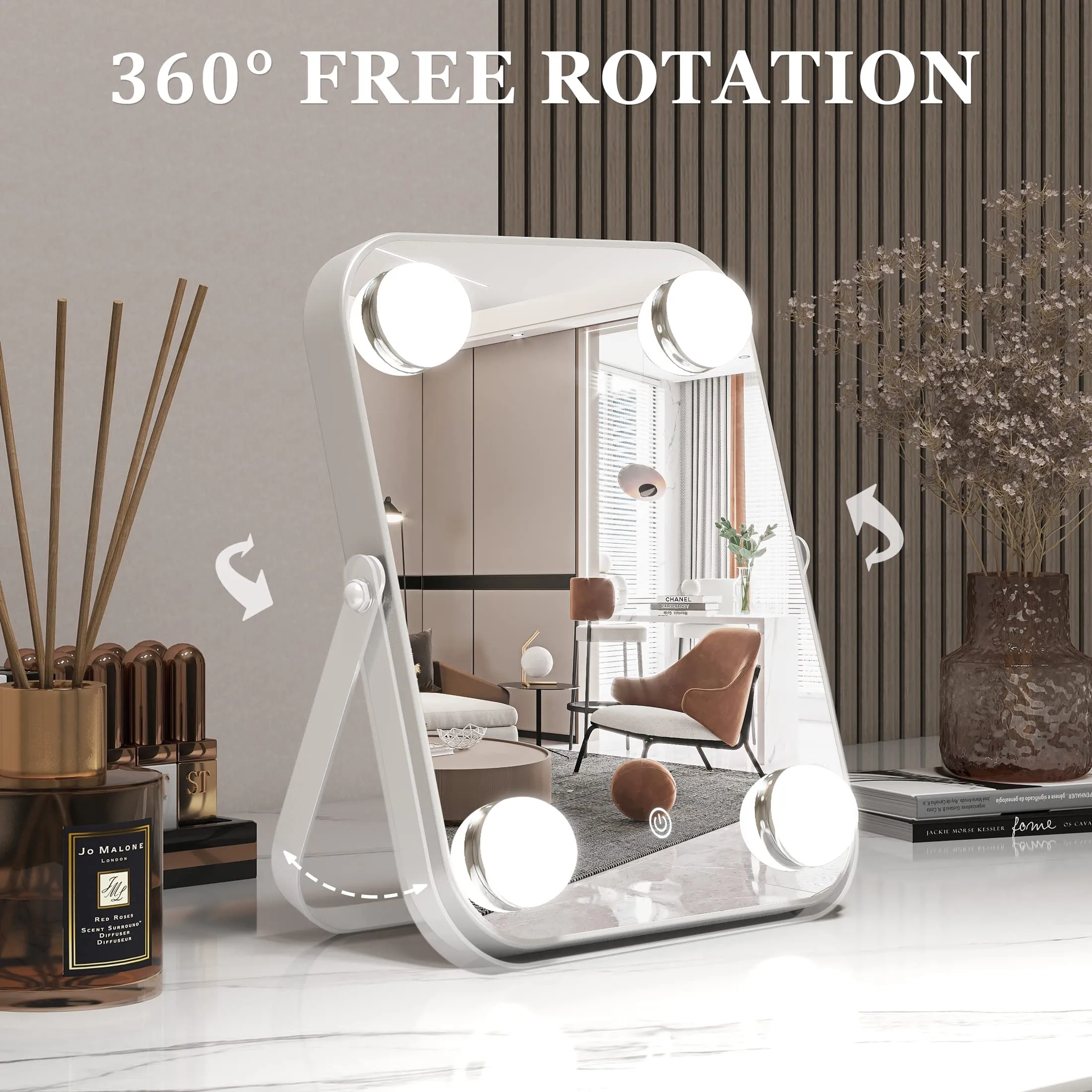 UPDATE: NOW $9.99 ! ROLOVE Vanity Mirror with Lights, Hollywood Makeup Mirror with Light, Lighted Tabletop Makeup Mirror with 4 Dimmable LED Bulbs, Portable Travel Makeup Mirror with U-Shaped Bracket, Smart Touch Control