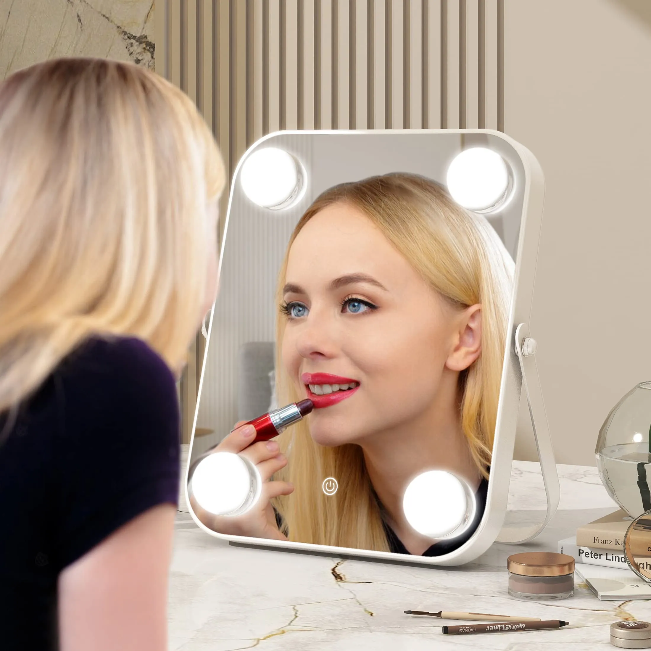 UPDATE: NOW $9.99 ! ROLOVE Vanity Mirror with Lights, Hollywood Makeup Mirror with Light, Lighted Tabletop Makeup Mirror with 4 Dimmable LED Bulbs, Portable Travel Makeup Mirror with U-Shaped Bracket, Smart Touch Control