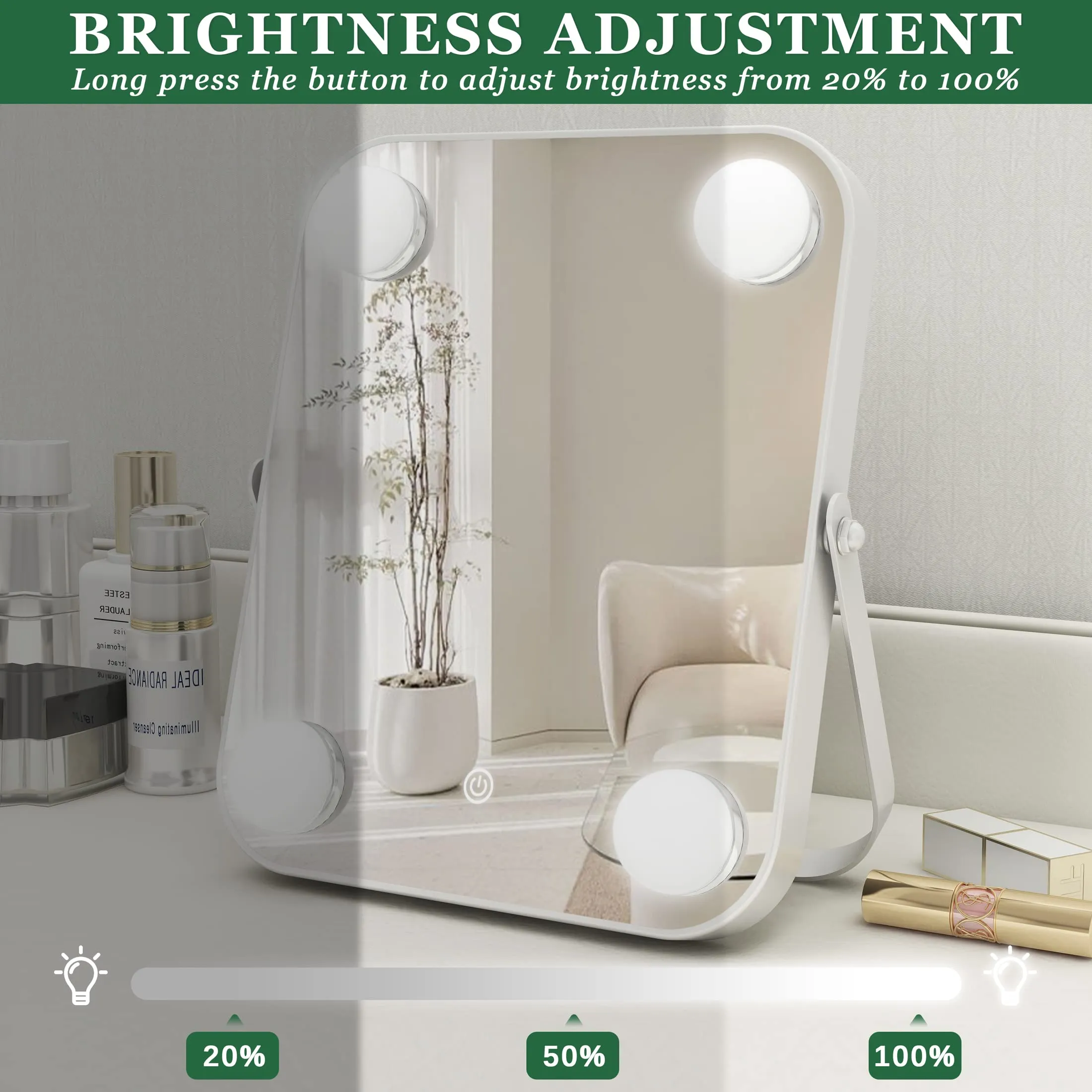 UPDATE: NOW $9.99 ! ROLOVE Vanity Mirror with Lights, Hollywood Makeup Mirror with Light, Lighted Tabletop Makeup Mirror with 4 Dimmable LED Bulbs, Portable Travel Makeup Mirror with U-Shaped Bracket, Smart Touch Control