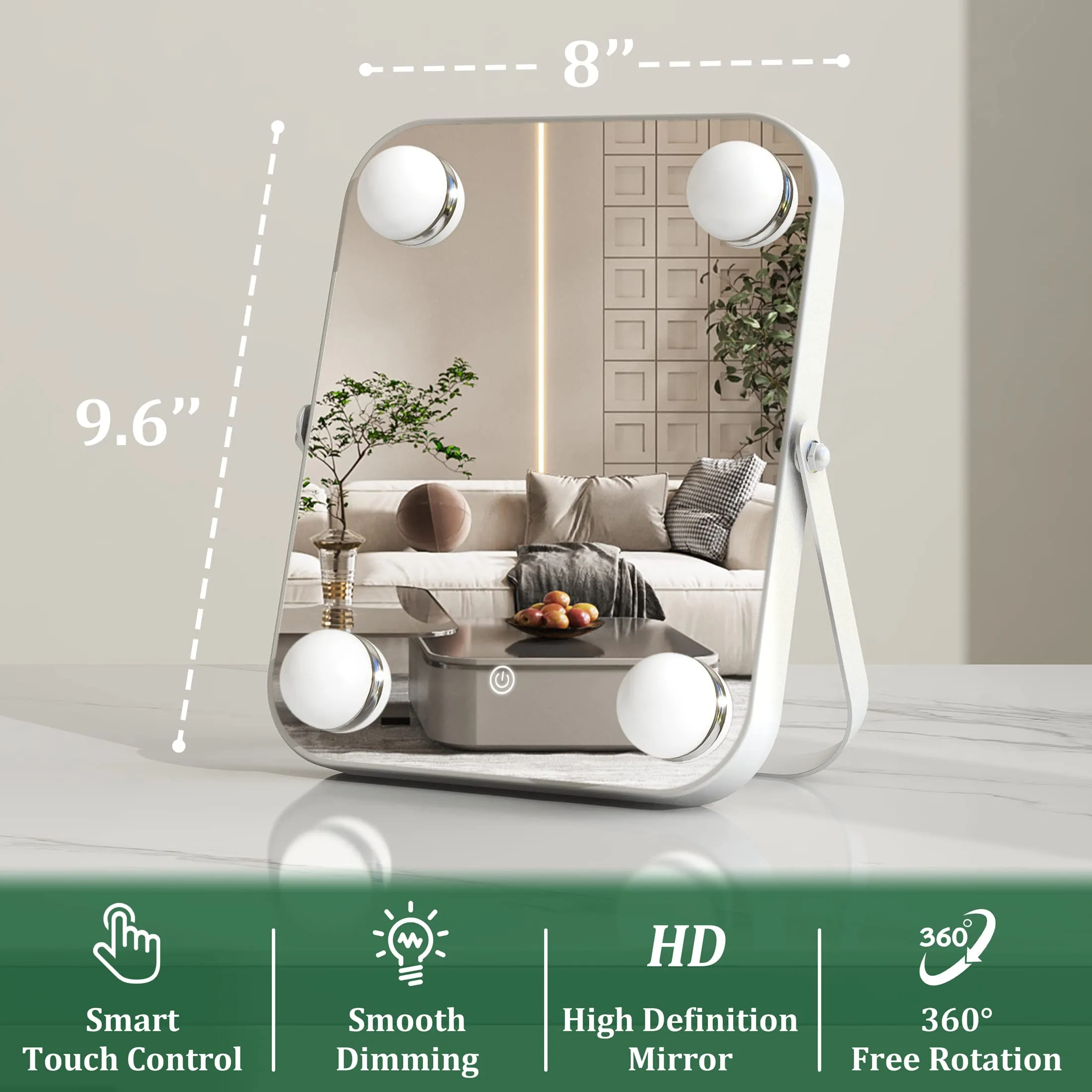 UPDATE: NOW $9.99 ! ROLOVE Vanity Mirror with Lights, Hollywood Makeup Mirror with Light, Lighted Tabletop Makeup Mirror with 4 Dimmable LED Bulbs, Portable Travel Makeup Mirror with U-Shaped Bracket, Smart Touch Control