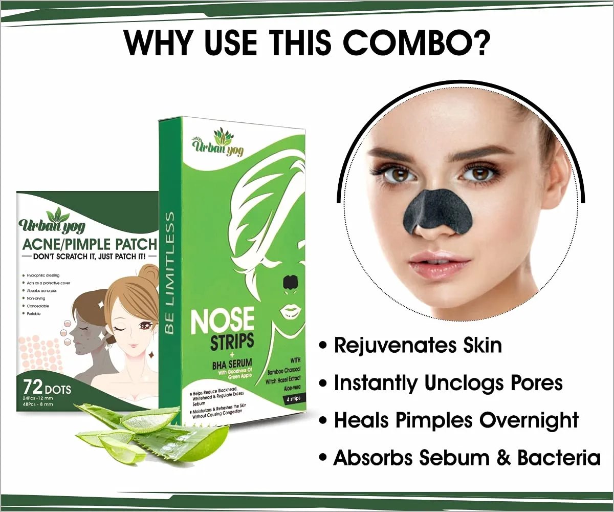 Urban yog Combo- Acne pimple patch-72dots & Nose Strips (4strips) with BHA serum - Face Care kit.