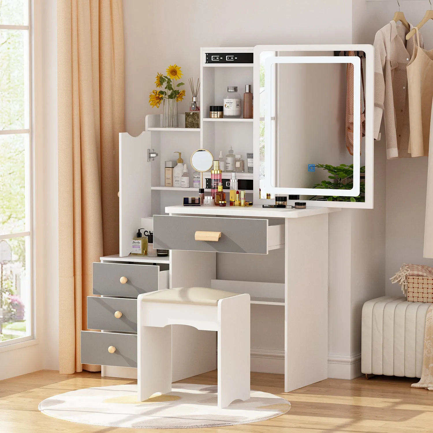 Vanity Set With Sliding Mirror, 4 Drawers, Shelves & Cushioned Stool