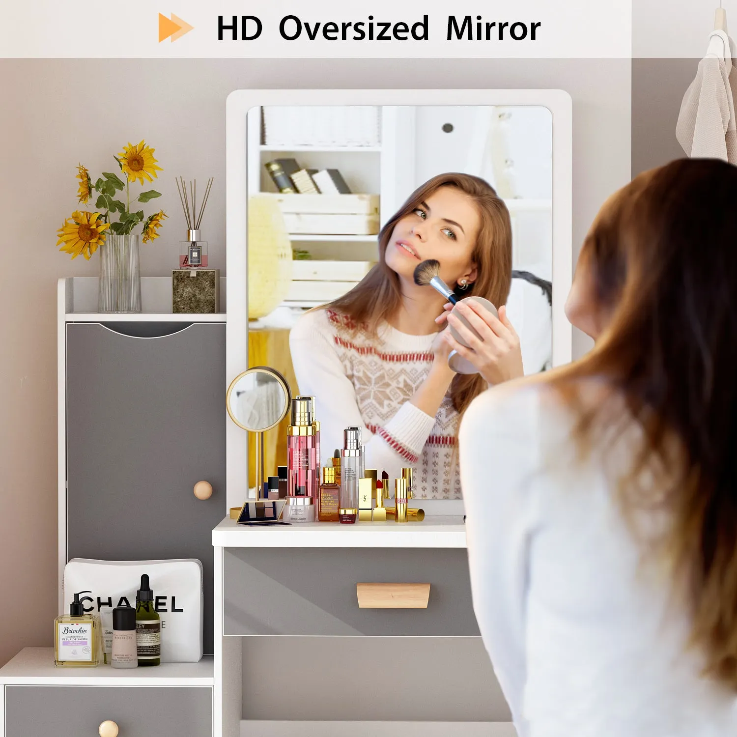 Vanity Set With Sliding Mirror, 4 Drawers, Shelves & Cushioned Stool