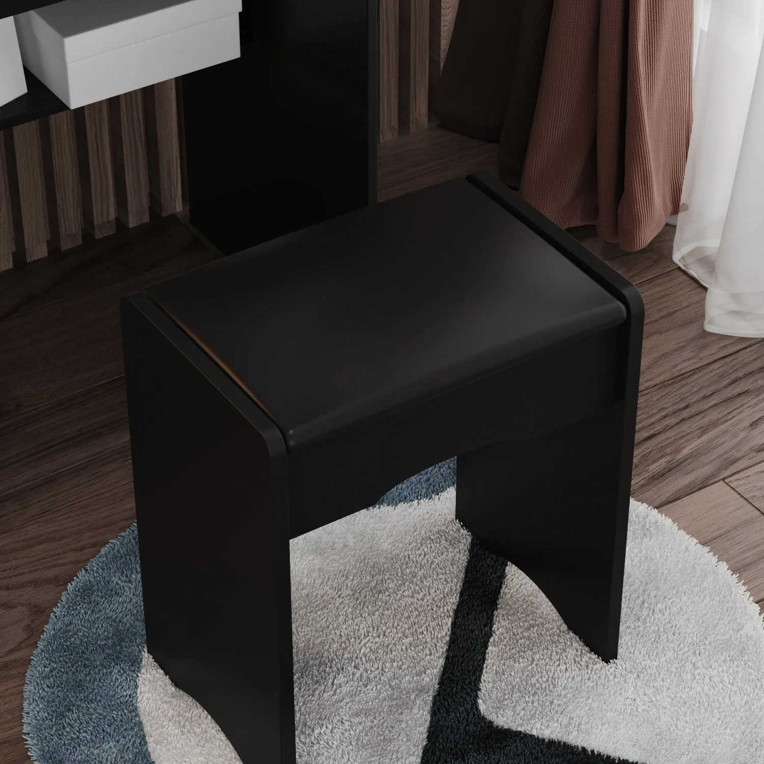 Vanity Set With Sliding Mirror, 4 Drawers, Shelves & Cushioned Stool