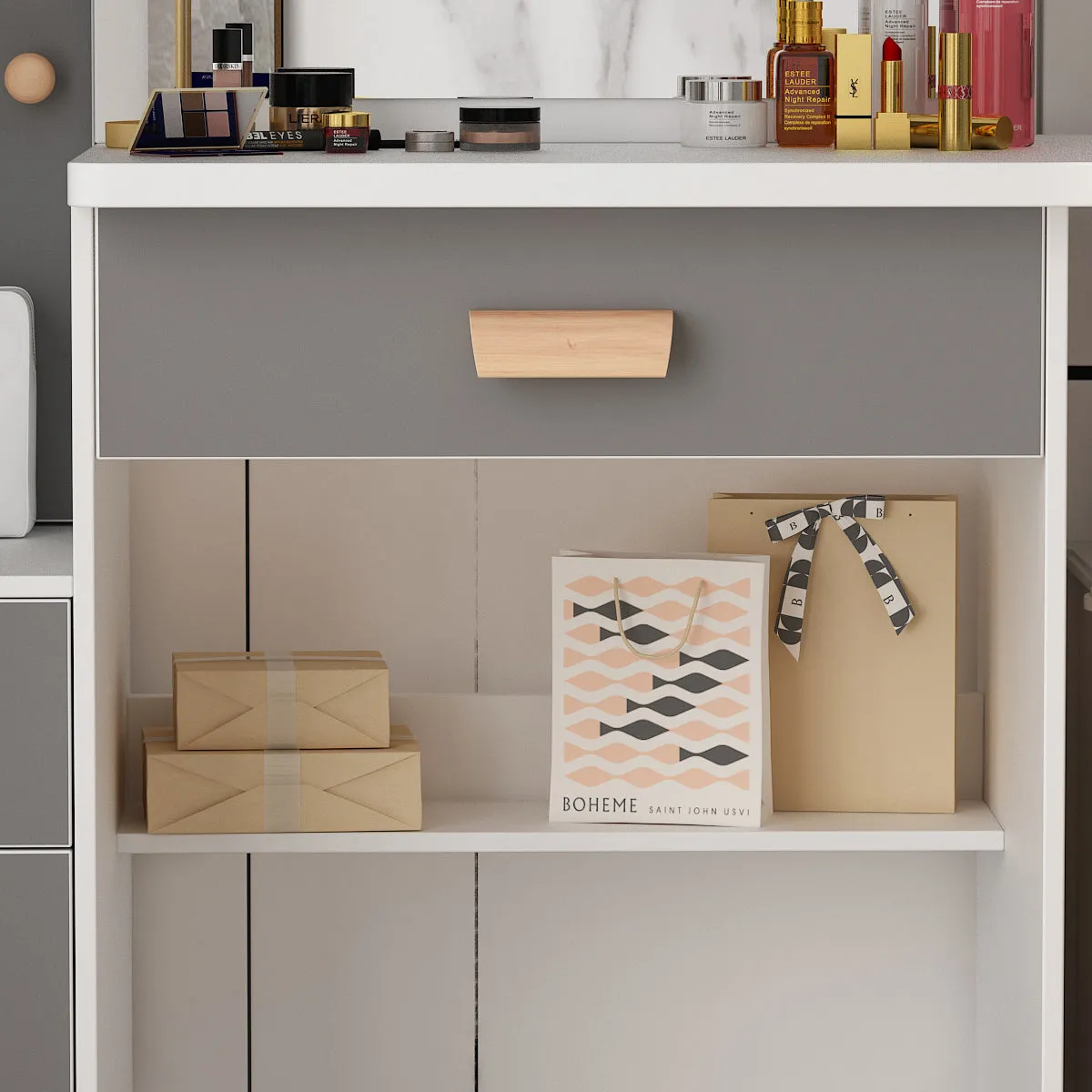 Vanity Set With Sliding Mirror, 4 Drawers, Shelves & Cushioned Stool