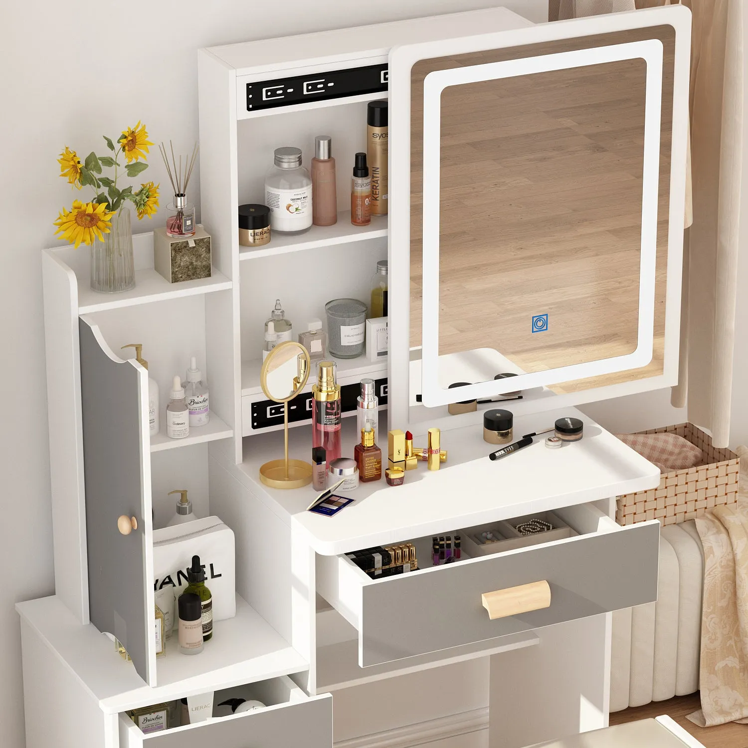 Vanity Set With Sliding Mirror, 4 Drawers, Shelves & Cushioned Stool