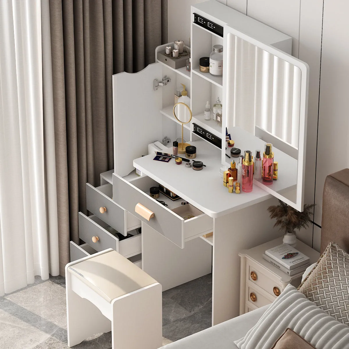 Vanity Set With Sliding Mirror, 4 Drawers, Shelves & Cushioned Stool