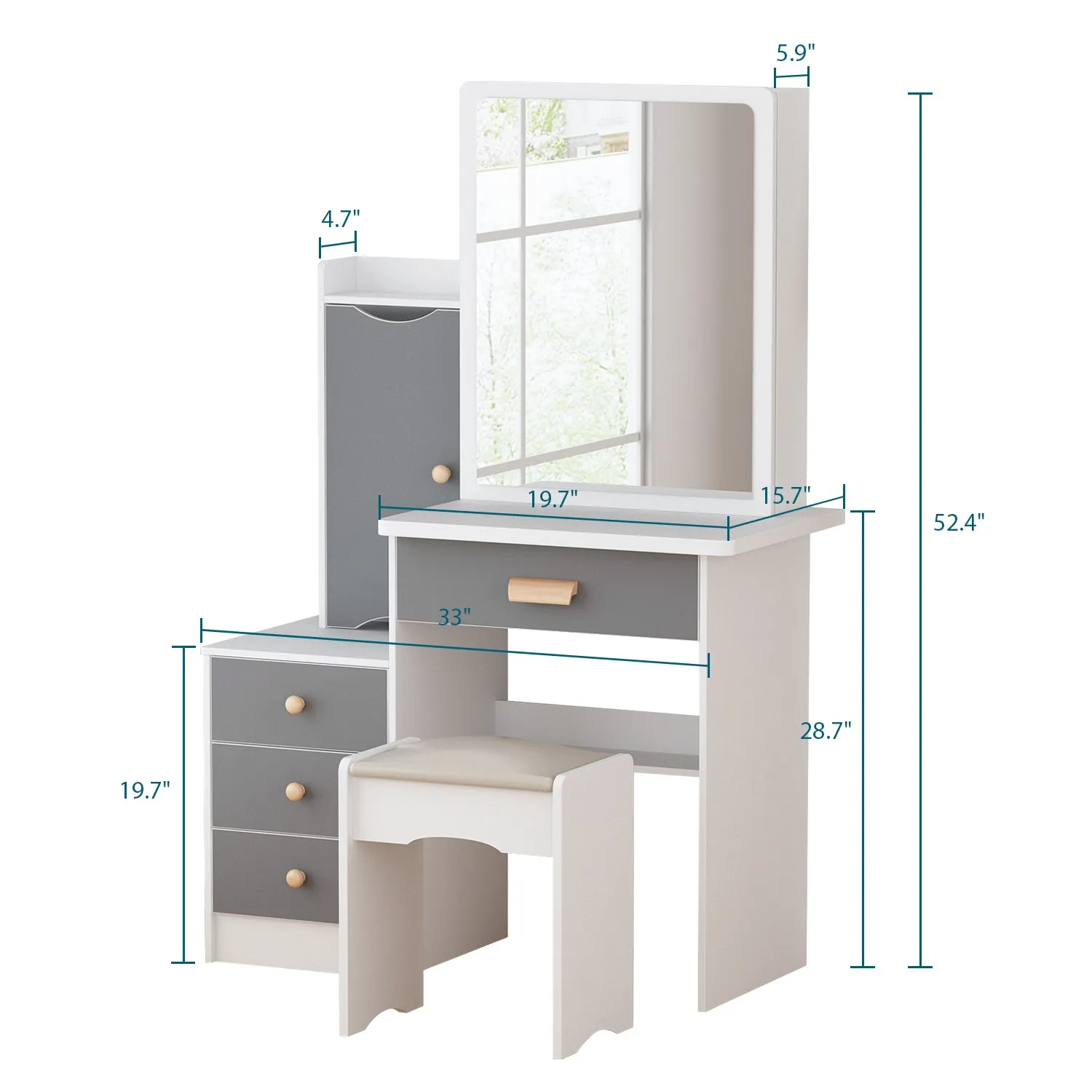 Vanity Set With Sliding Mirror, 4 Drawers, Shelves & Cushioned Stool