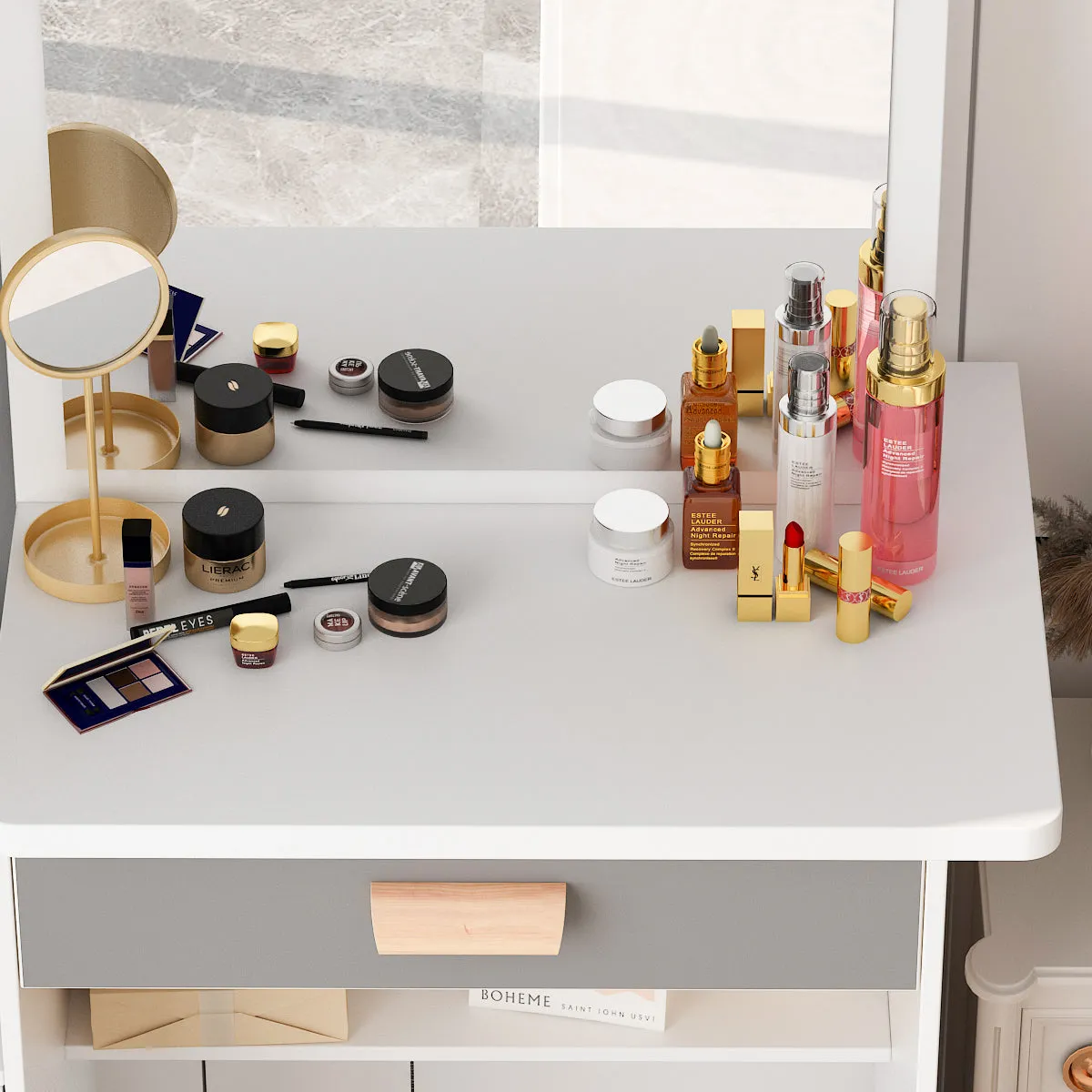 Vanity Set With Sliding Mirror, 4 Drawers, Shelves & Cushioned Stool