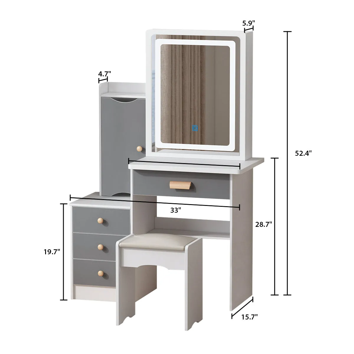 Vanity Set With Sliding Mirror, 4 Drawers, Shelves & Cushioned Stool
