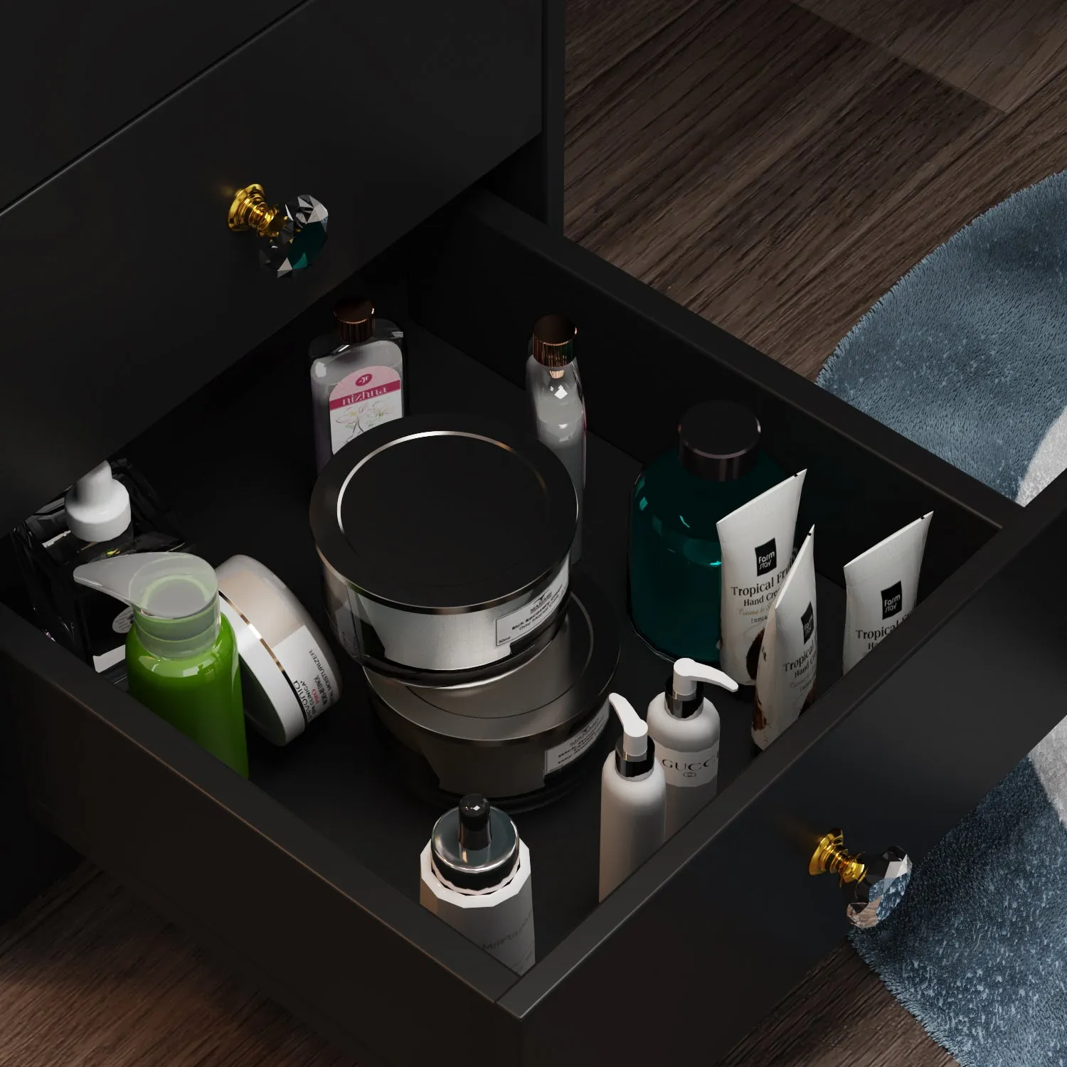 Vanity Set With Sliding Mirror, 4 Drawers, Shelves & Cushioned Stool