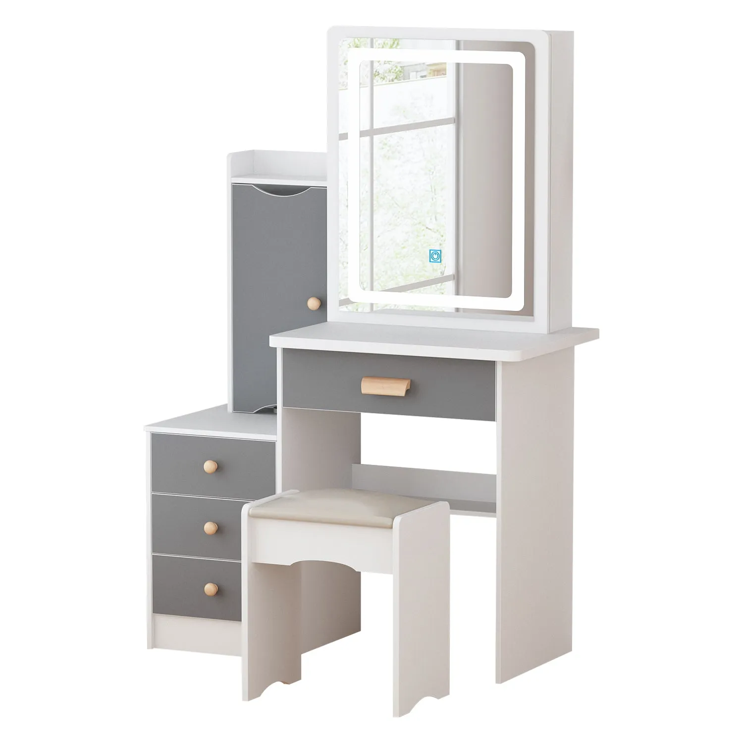 Vanity Set With Sliding Mirror, 4 Drawers, Shelves & Cushioned Stool