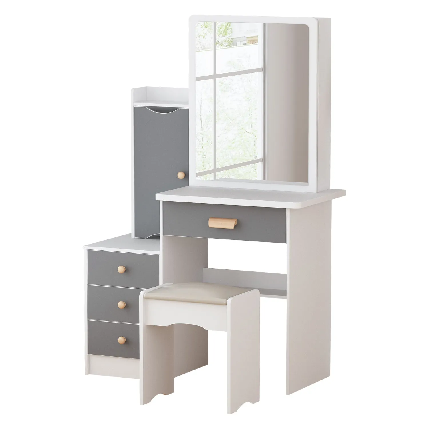 Vanity Set With Sliding Mirror, 4 Drawers, Shelves & Cushioned Stool