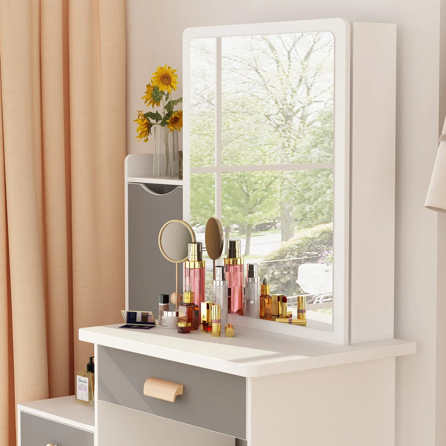 Vanity Set With Sliding Mirror, 4 Drawers, Shelves & Cushioned Stool