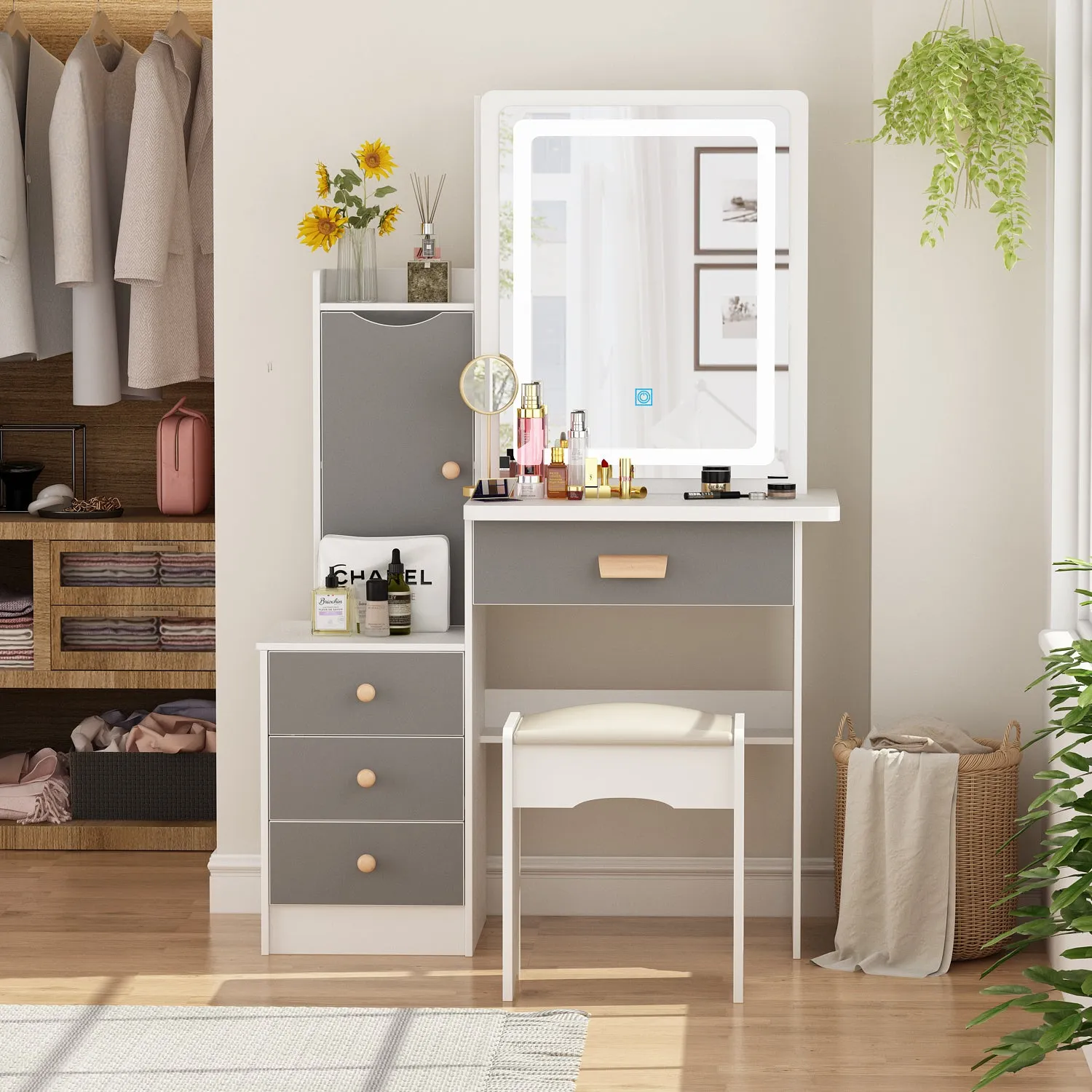 Vanity Set With Sliding Mirror, 4 Drawers, Shelves & Cushioned Stool