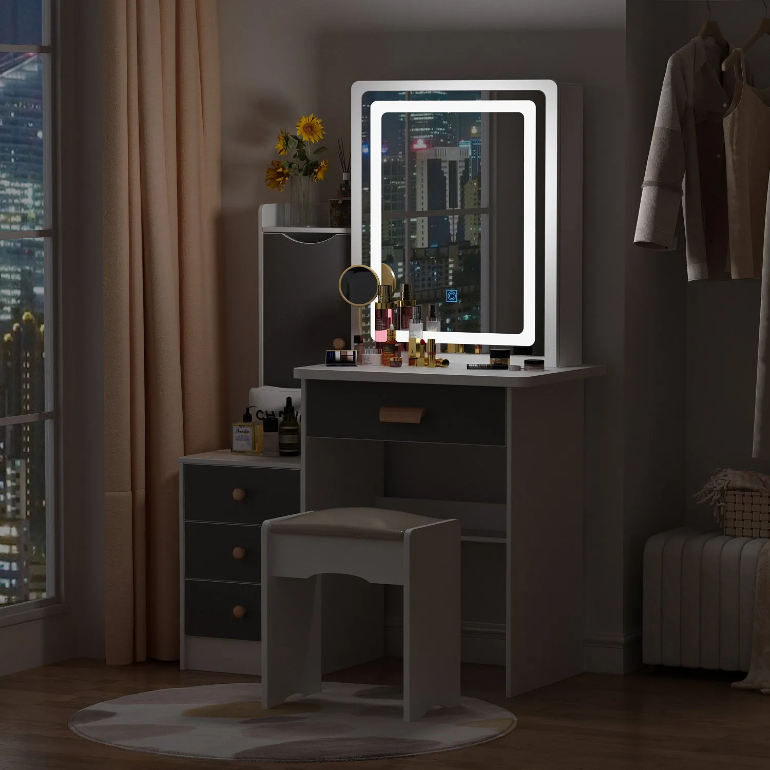 Vanity Set With Sliding Mirror, 4 Drawers, Shelves & Cushioned Stool