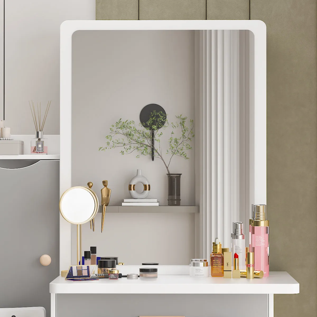 Vanity Set With Sliding Mirror, 4 Drawers, Shelves & Cushioned Stool
