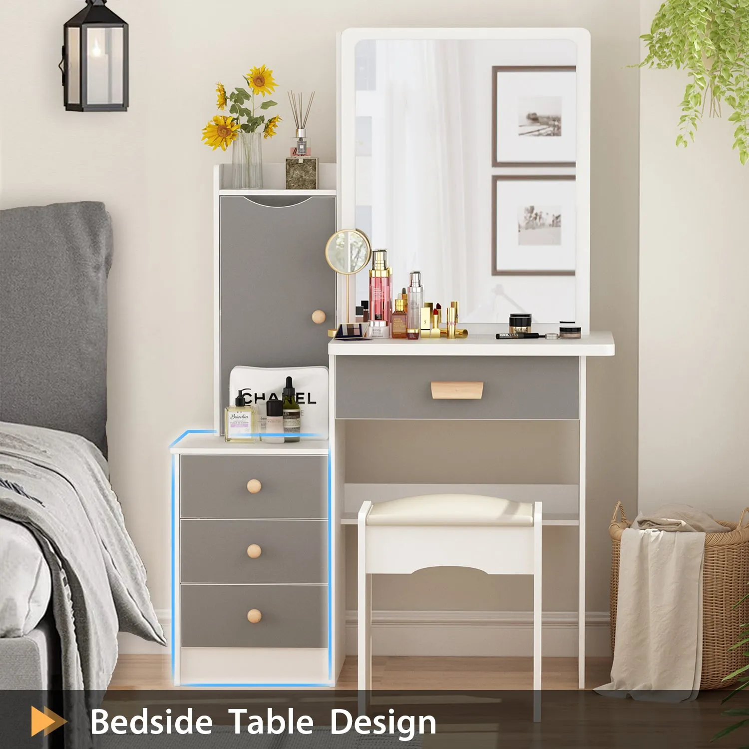 Vanity Set With Sliding Mirror, 4 Drawers, Shelves & Cushioned Stool
