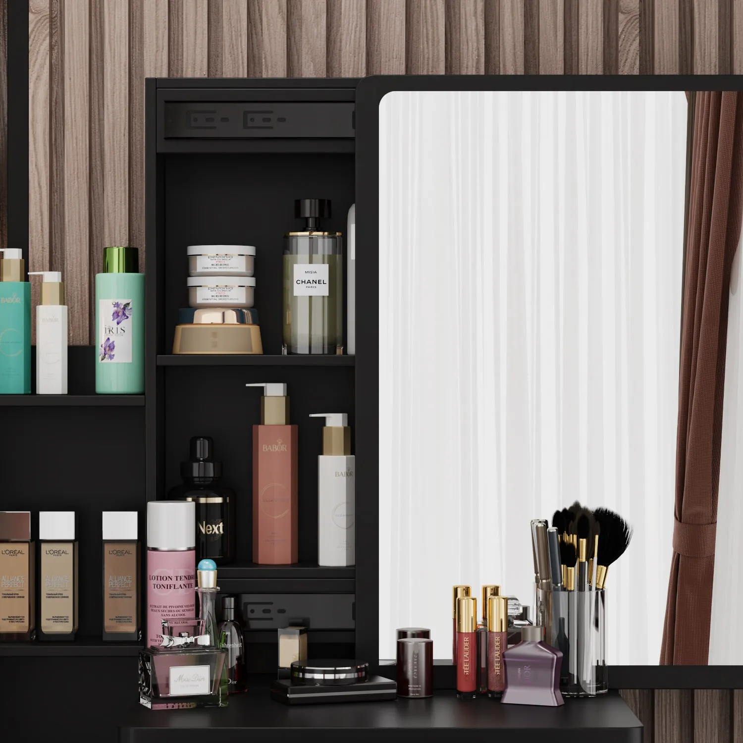 Vanity Set With Sliding Mirror, 4 Drawers, Shelves & Cushioned Stool