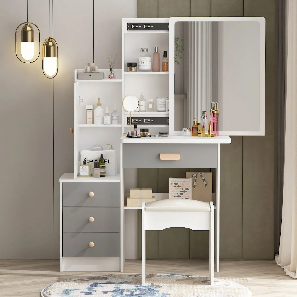 Vanity Set With Sliding Mirror, 4 Drawers, Shelves & Cushioned Stool