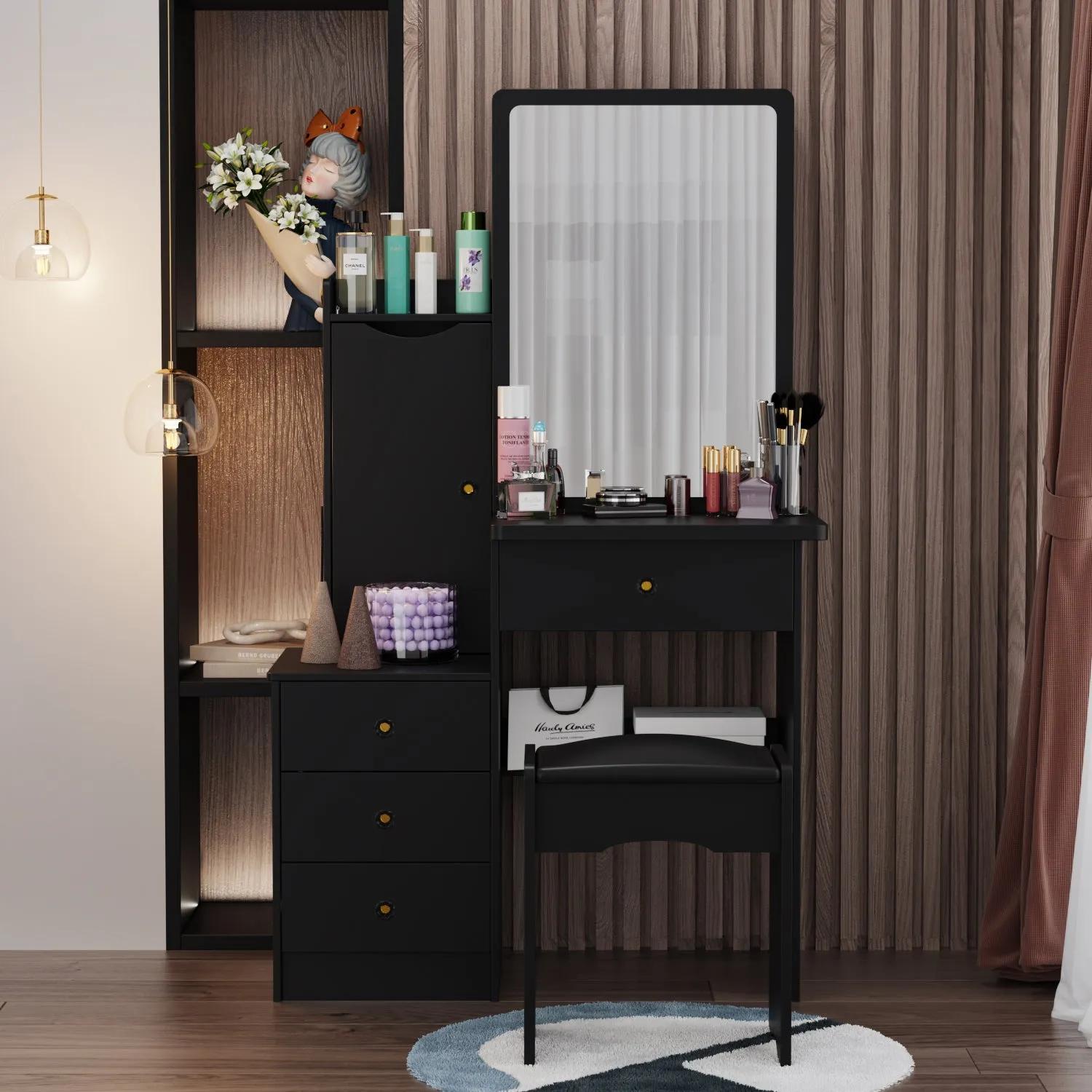 Vanity Set With Sliding Mirror, 4 Drawers, Shelves & Cushioned Stool