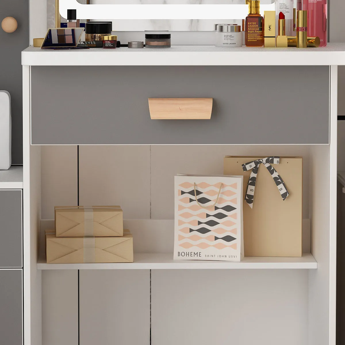 Vanity Set With Sliding Mirror, 4 Drawers, Shelves & Cushioned Stool