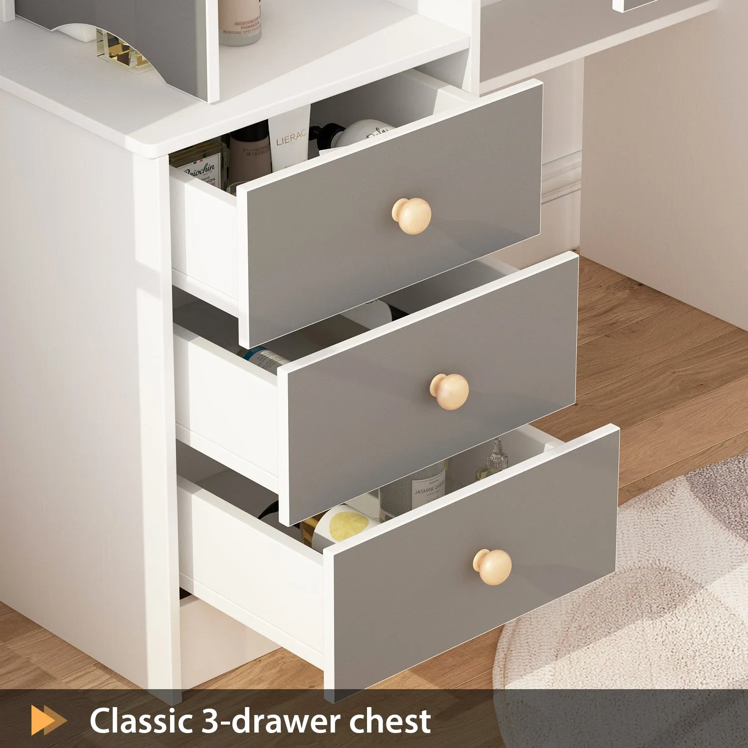 Vanity Set With Sliding Mirror, 4 Drawers, Shelves & Cushioned Stool