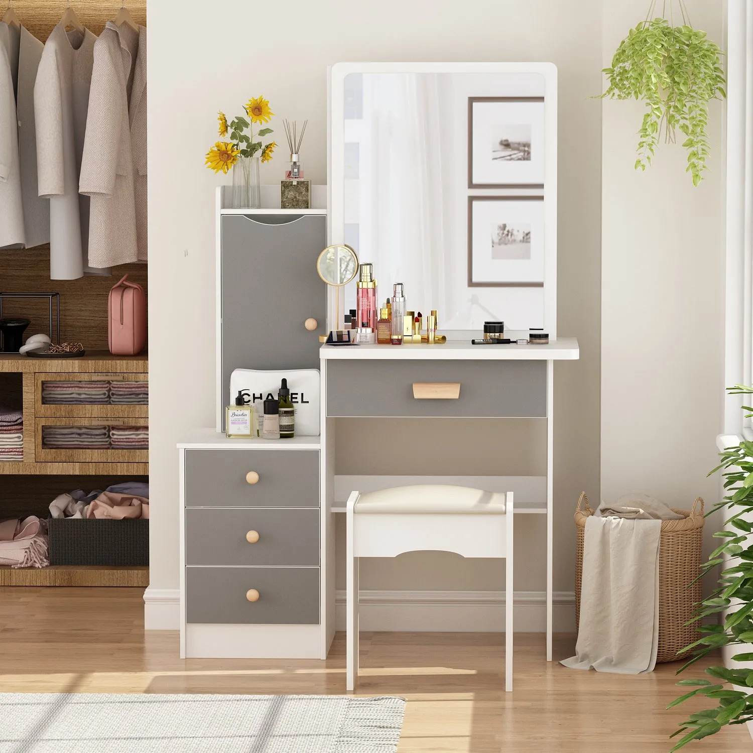 Vanity Set With Sliding Mirror, 4 Drawers, Shelves & Cushioned Stool