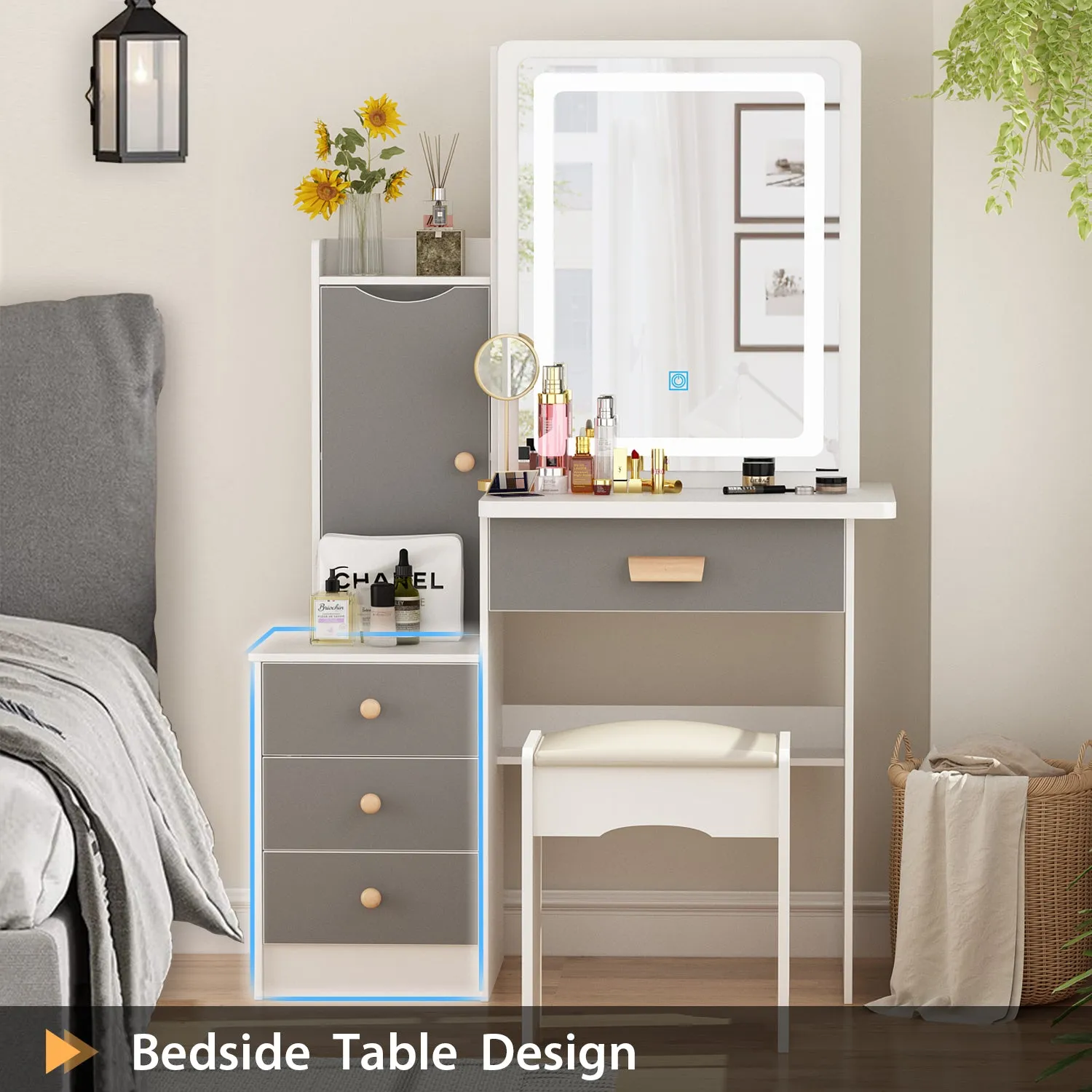 Vanity Set With Sliding Mirror, 4 Drawers, Shelves & Cushioned Stool