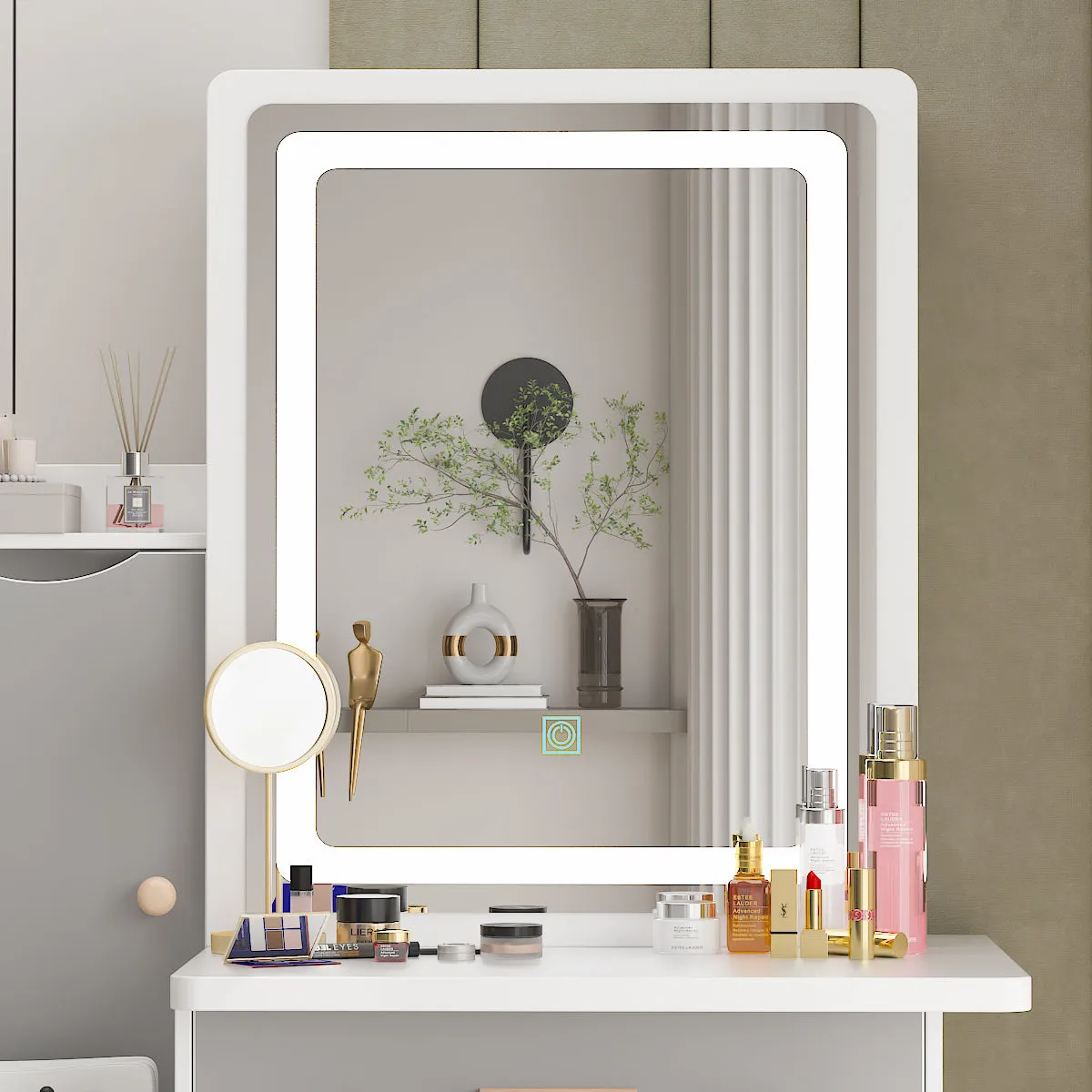 Vanity Set With Sliding Mirror, 4 Drawers, Shelves & Cushioned Stool
