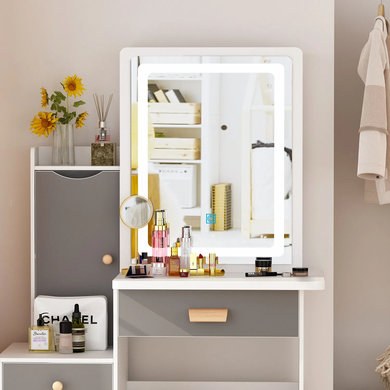 Vanity Set With Sliding Mirror, 4 Drawers, Shelves & Cushioned Stool
