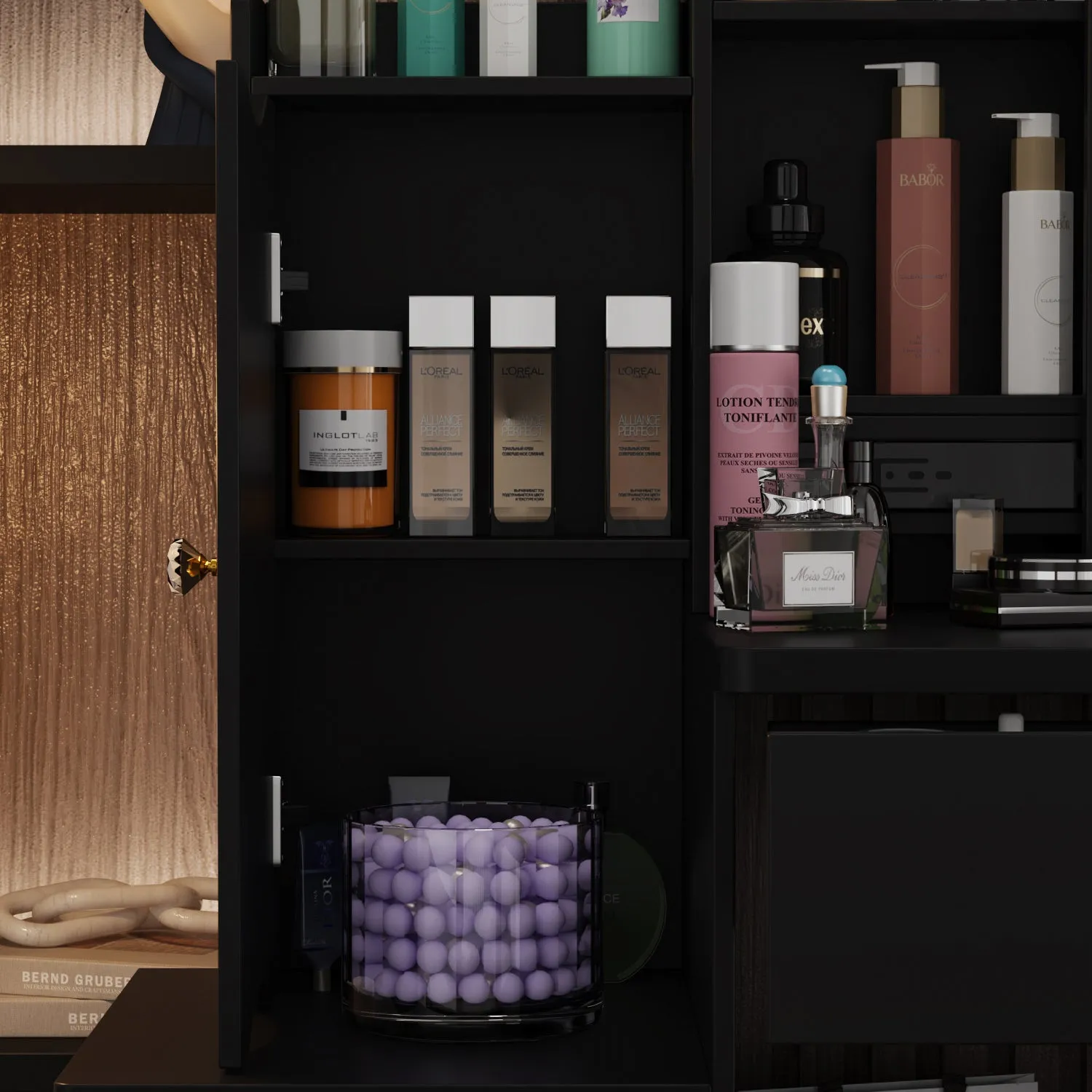 Vanity Set With Sliding Mirror, 4 Drawers, Shelves & Cushioned Stool