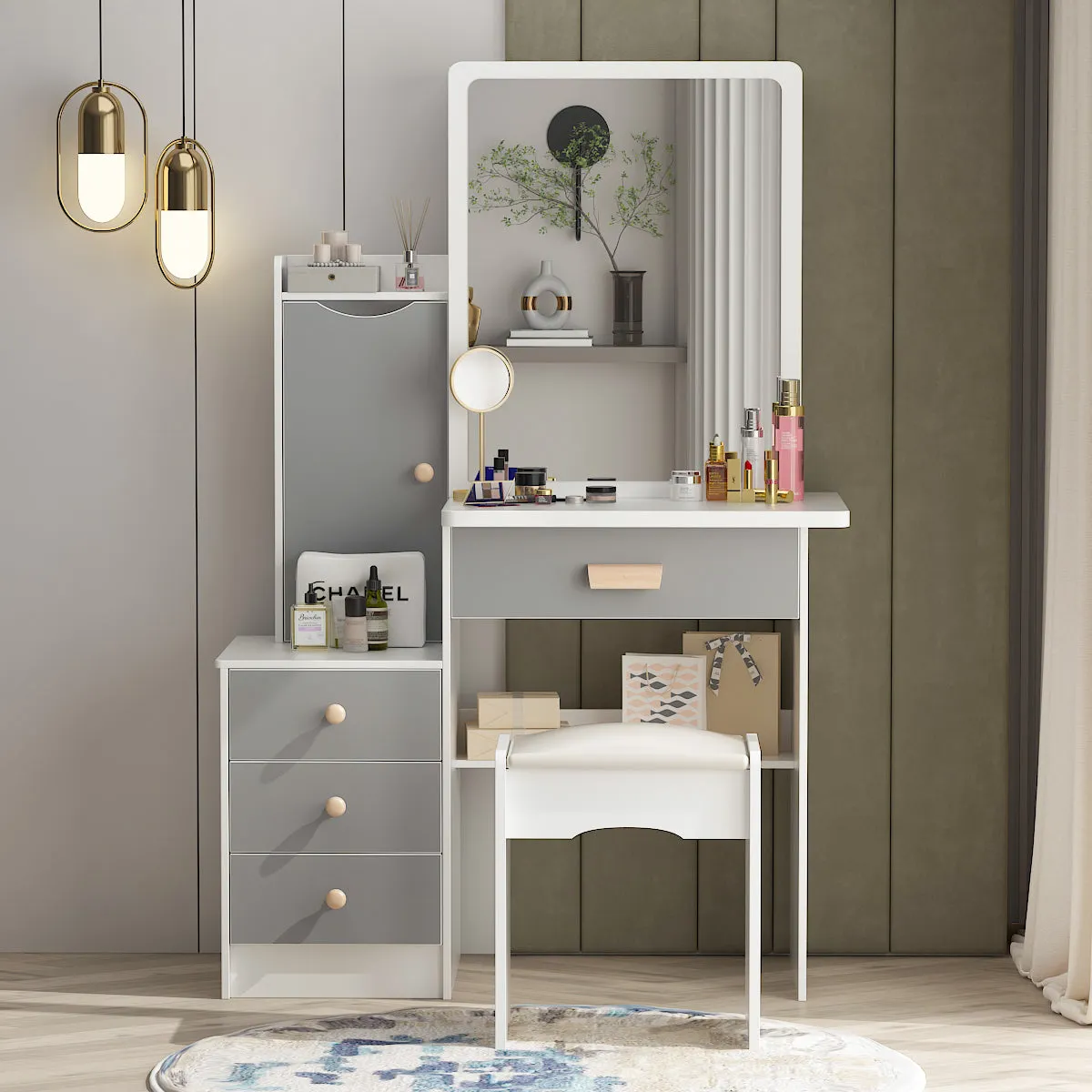 Vanity Set With Sliding Mirror, 4 Drawers, Shelves & Cushioned Stool