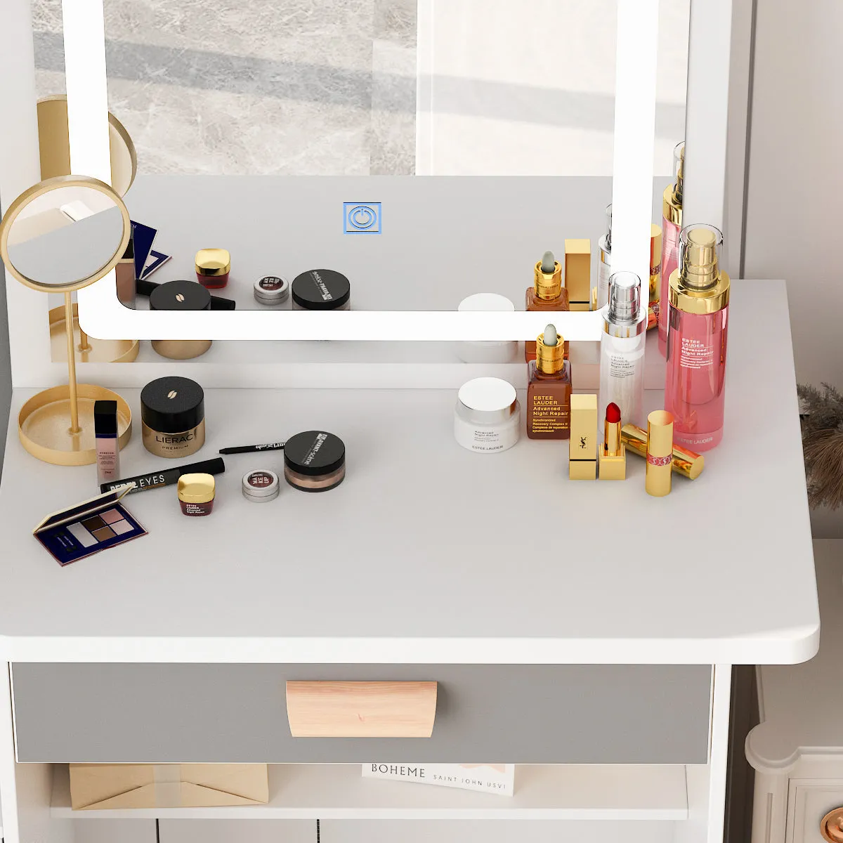 Vanity Set With Sliding Mirror, 4 Drawers, Shelves & Cushioned Stool