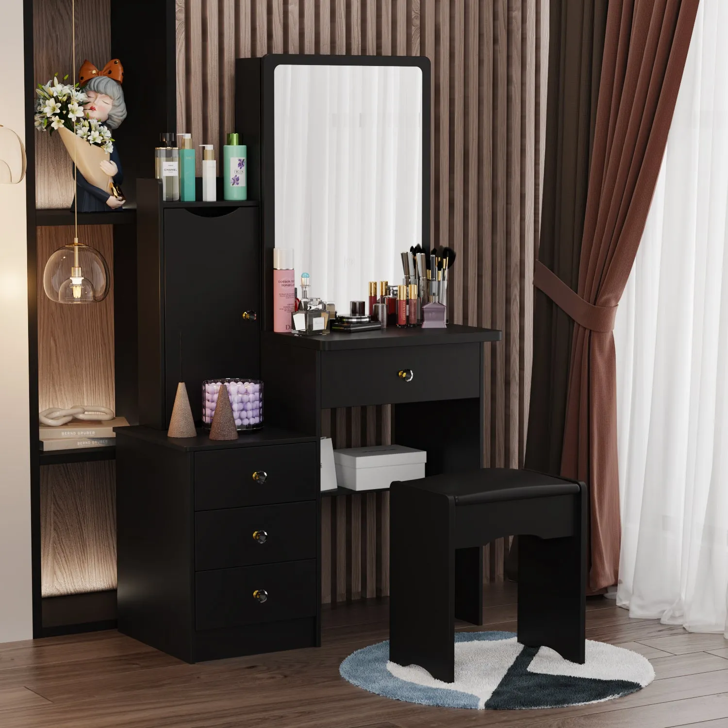 Vanity Set With Sliding Mirror, 4 Drawers, Shelves & Cushioned Stool