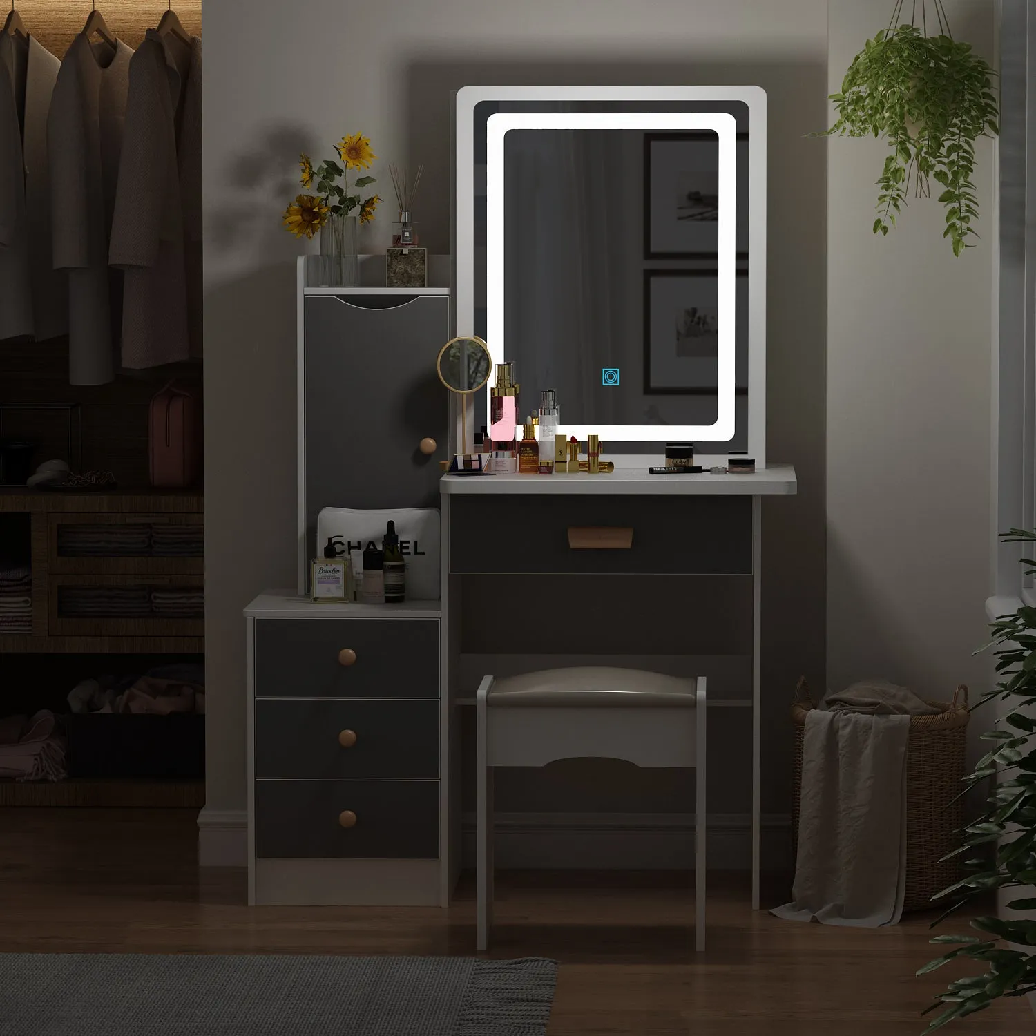 Vanity Set With Sliding Mirror, 4 Drawers, Shelves & Cushioned Stool