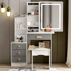 Vanity Set With Sliding Mirror, 4 Drawers, Shelves & Cushioned Stool