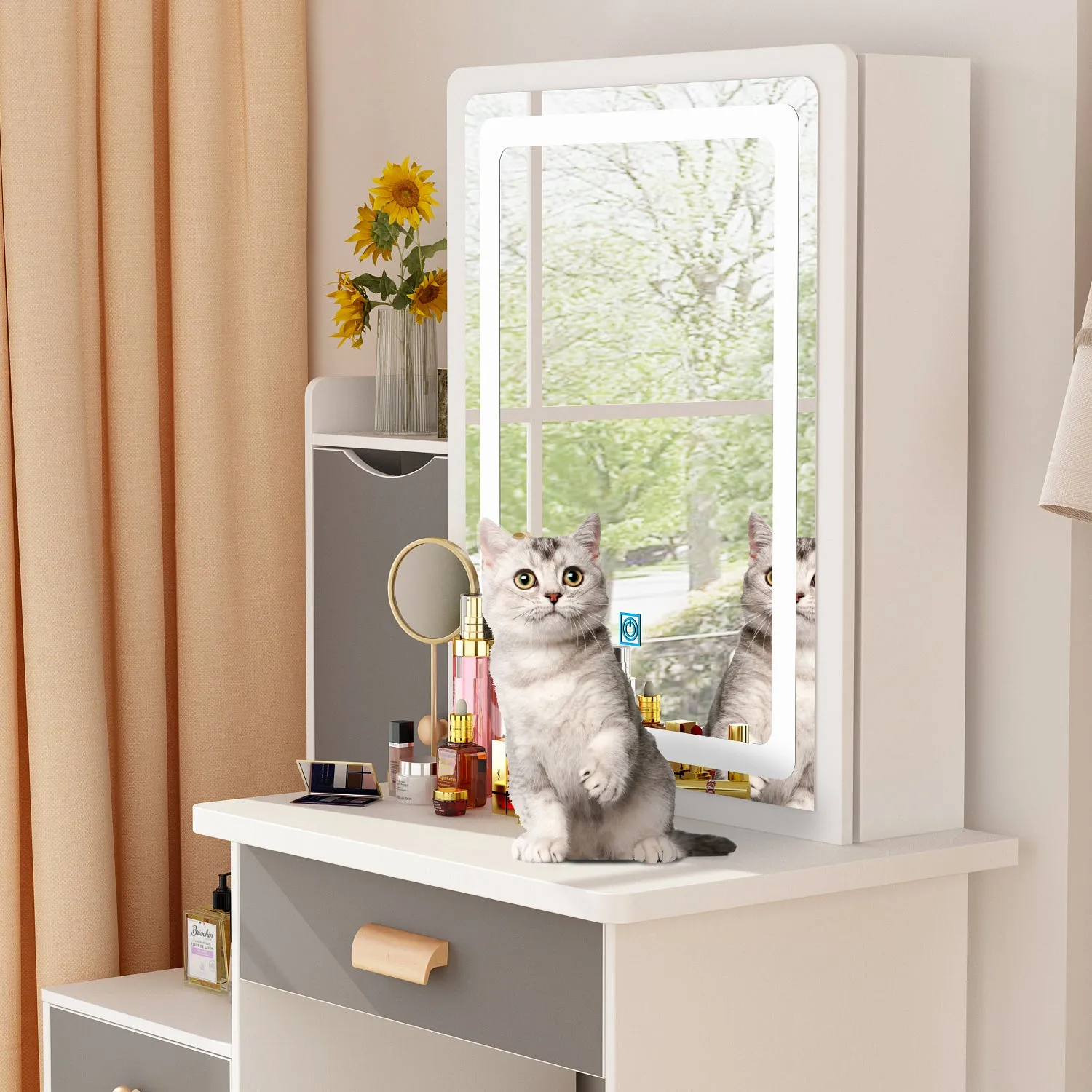 Vanity Set With Sliding Mirror, 4 Drawers, Shelves & Cushioned Stool