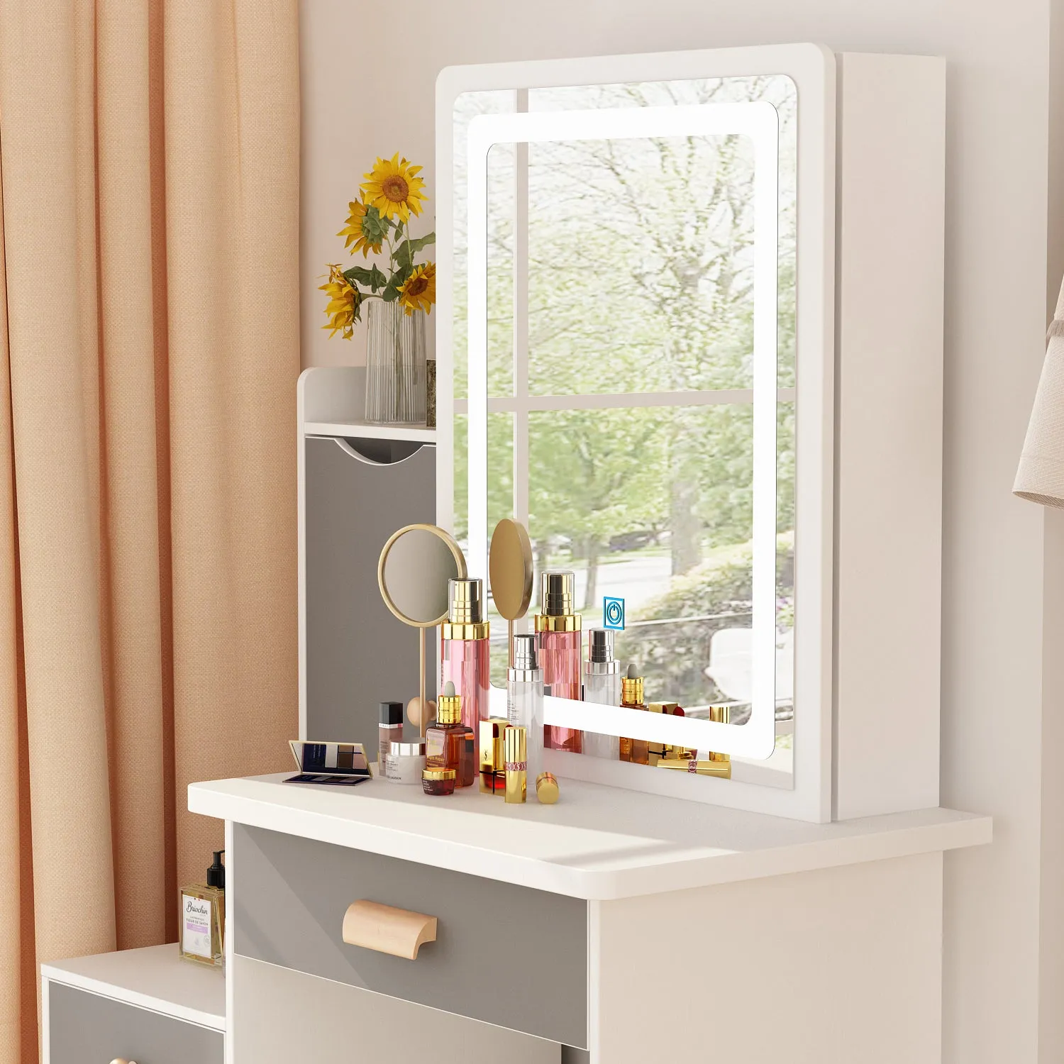 Vanity Set With Sliding Mirror, 4 Drawers, Shelves & Cushioned Stool