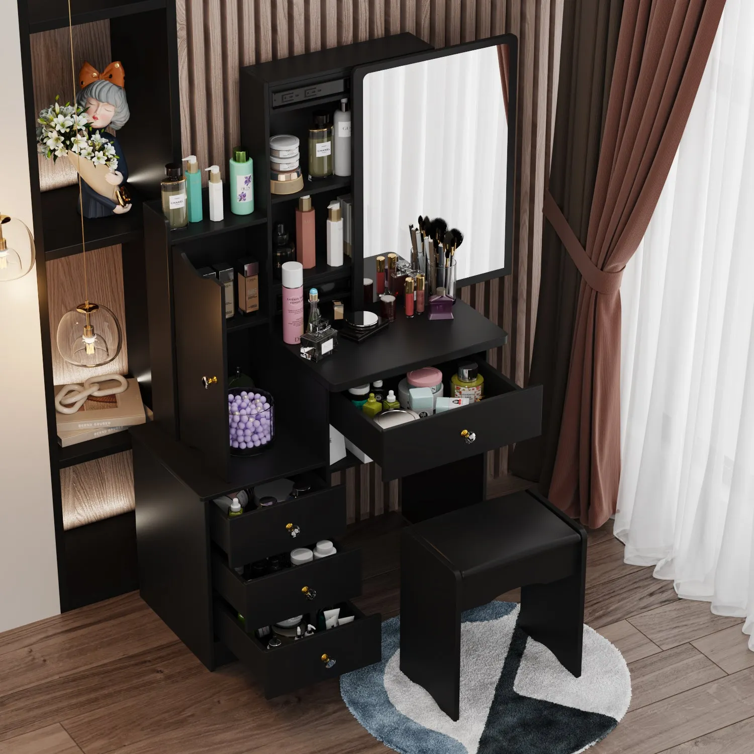 Vanity Set With Sliding Mirror, 4 Drawers, Shelves & Cushioned Stool