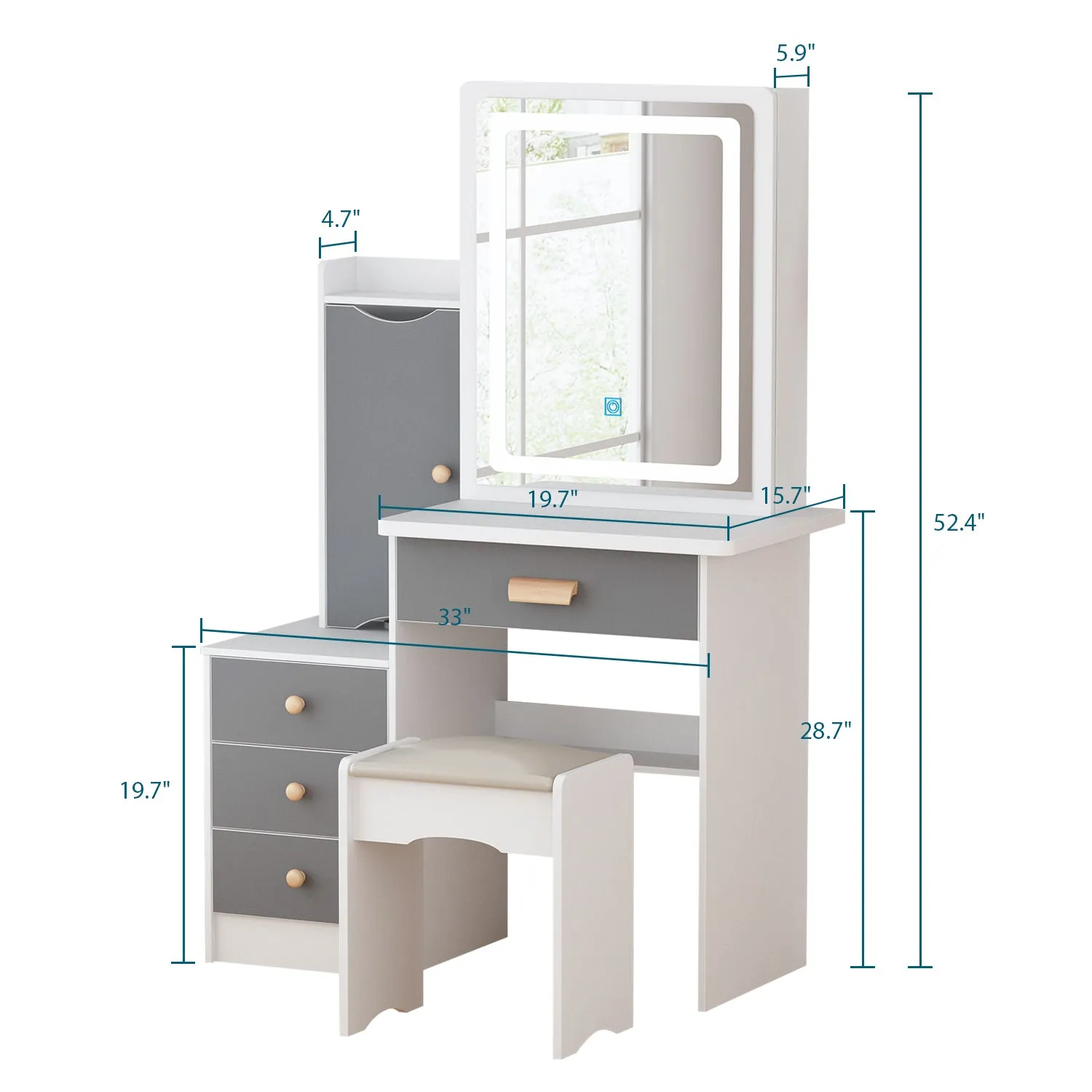 Vanity Set With Sliding Mirror, 4 Drawers, Shelves & Cushioned Stool