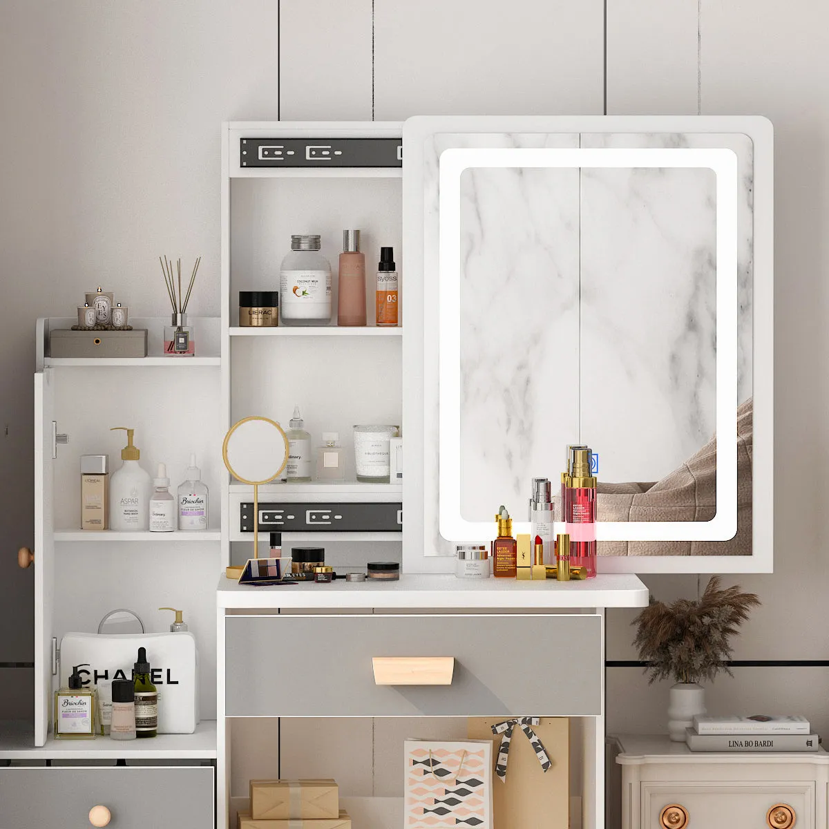 Vanity Set With Sliding Mirror, 4 Drawers, Shelves & Cushioned Stool