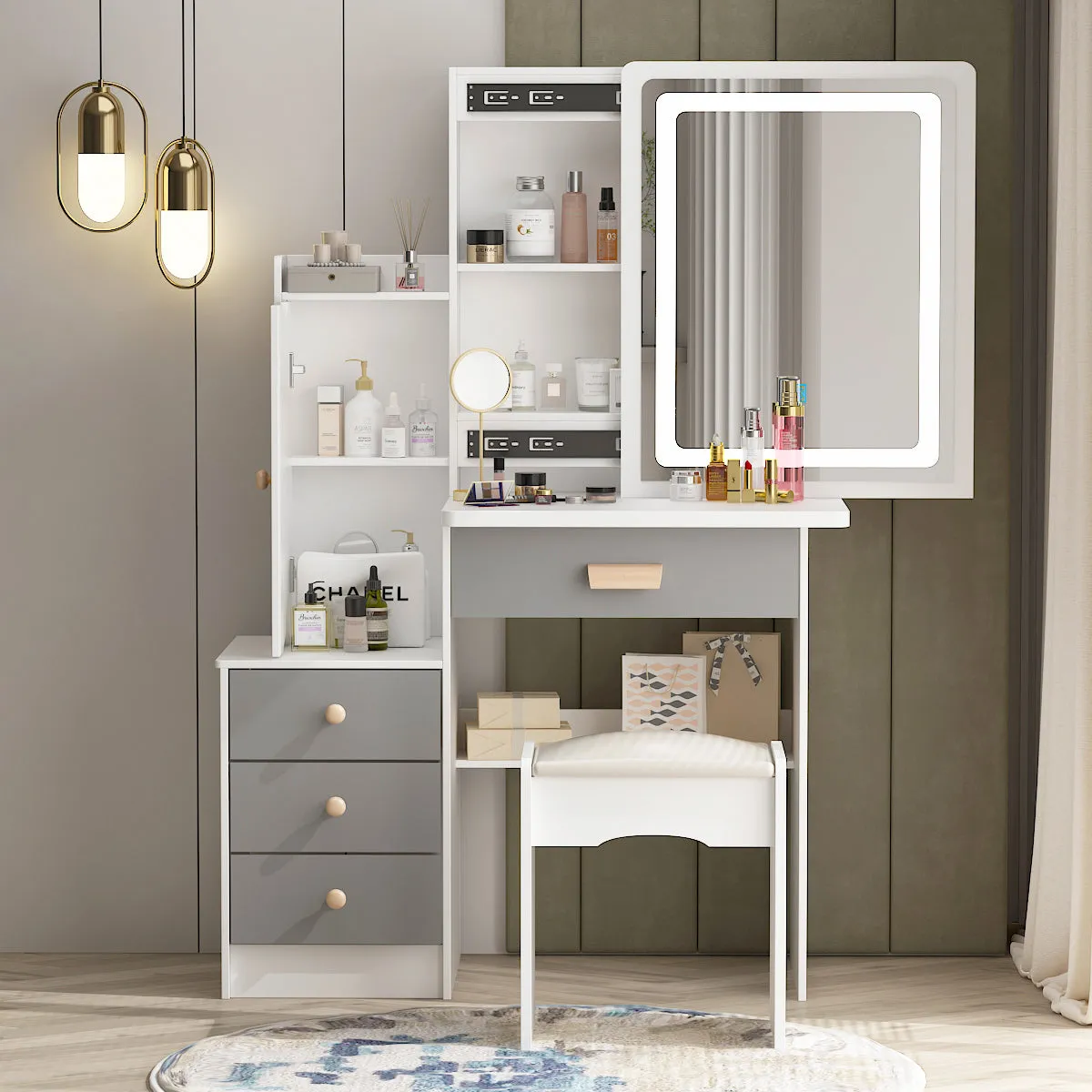 Vanity Set With Sliding Mirror, 4 Drawers, Shelves & Cushioned Stool