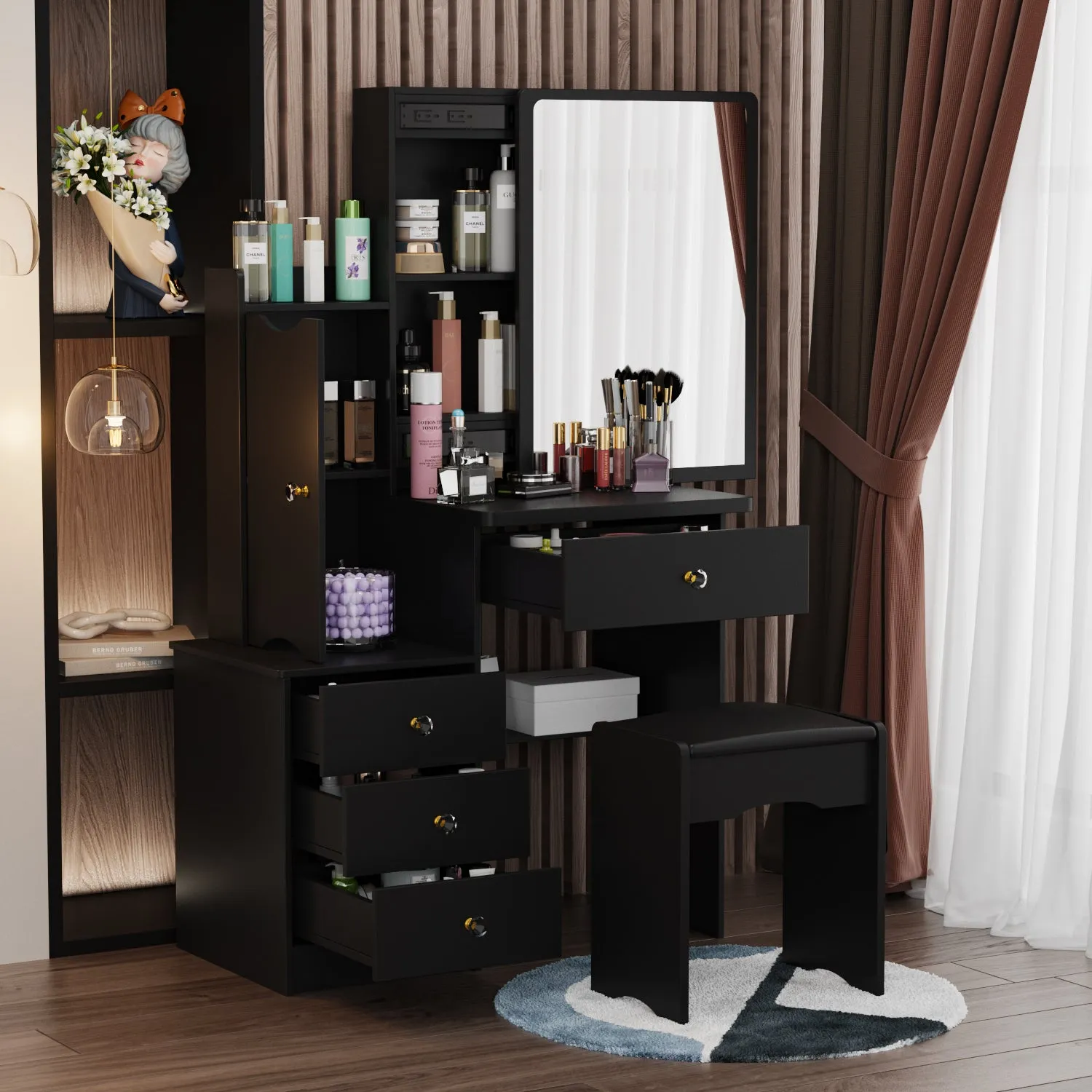 Vanity Set With Sliding Mirror, 4 Drawers, Shelves & Cushioned Stool