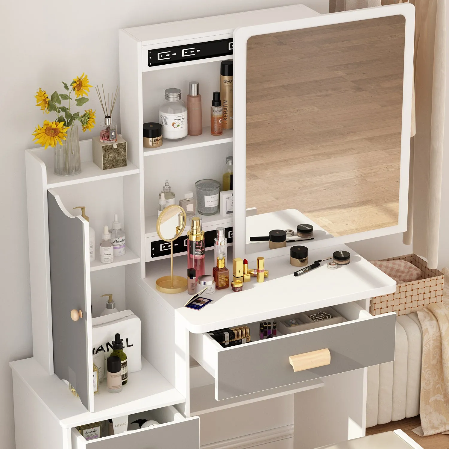 Vanity Set With Sliding Mirror, 4 Drawers, Shelves & Cushioned Stool