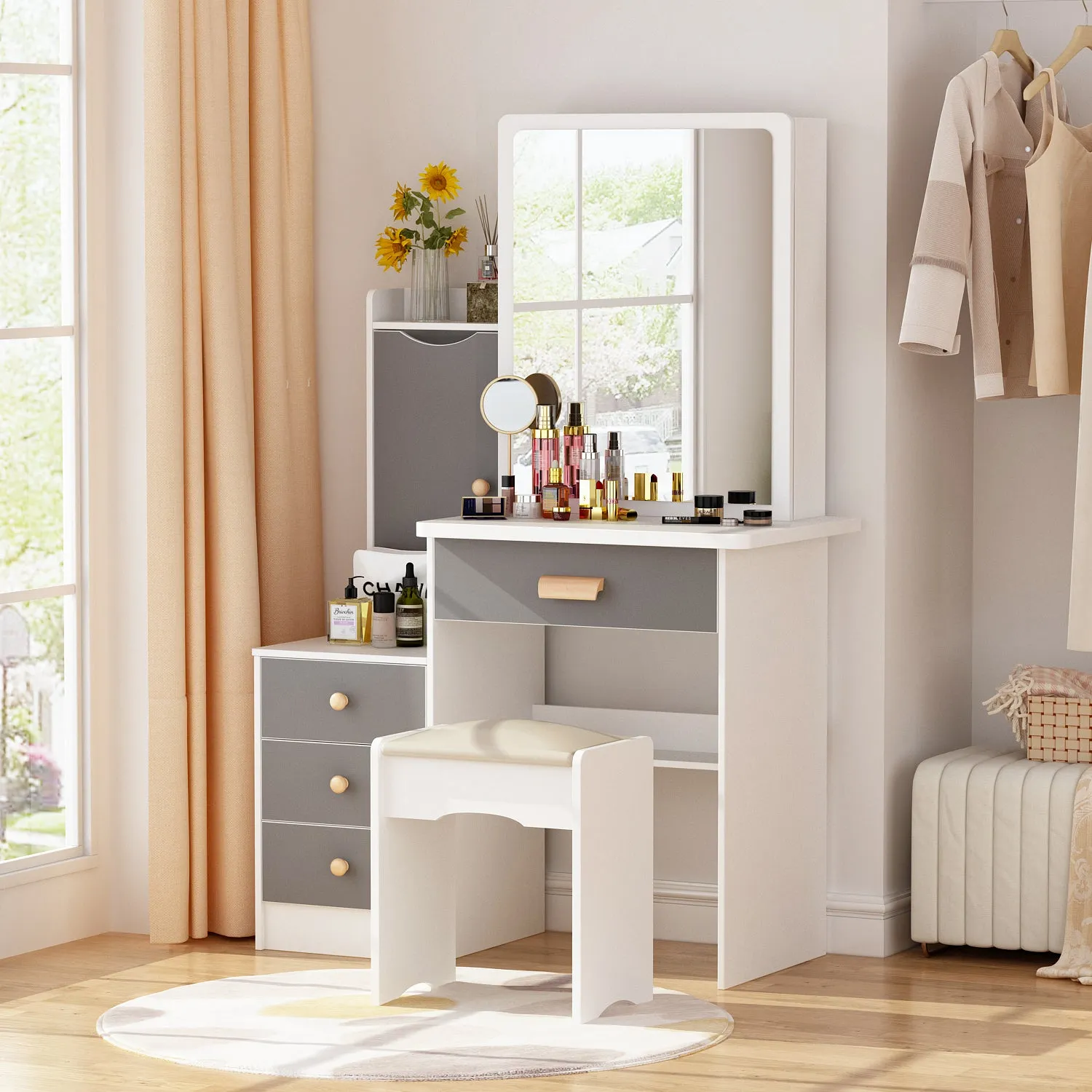 Vanity Set With Sliding Mirror, 4 Drawers, Shelves & Cushioned Stool