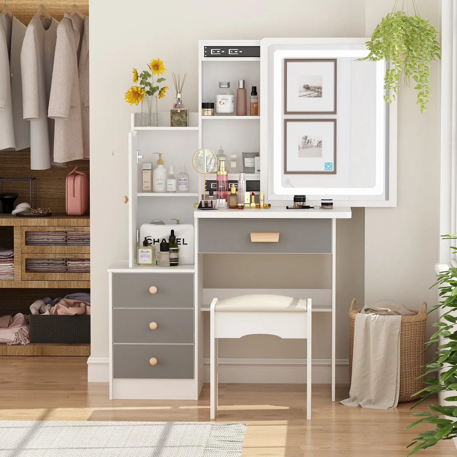 Vanity Set With Sliding Mirror, 4 Drawers, Shelves & Cushioned Stool