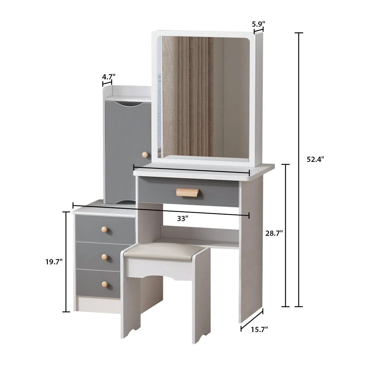 Vanity Set With Sliding Mirror, 4 Drawers, Shelves & Cushioned Stool