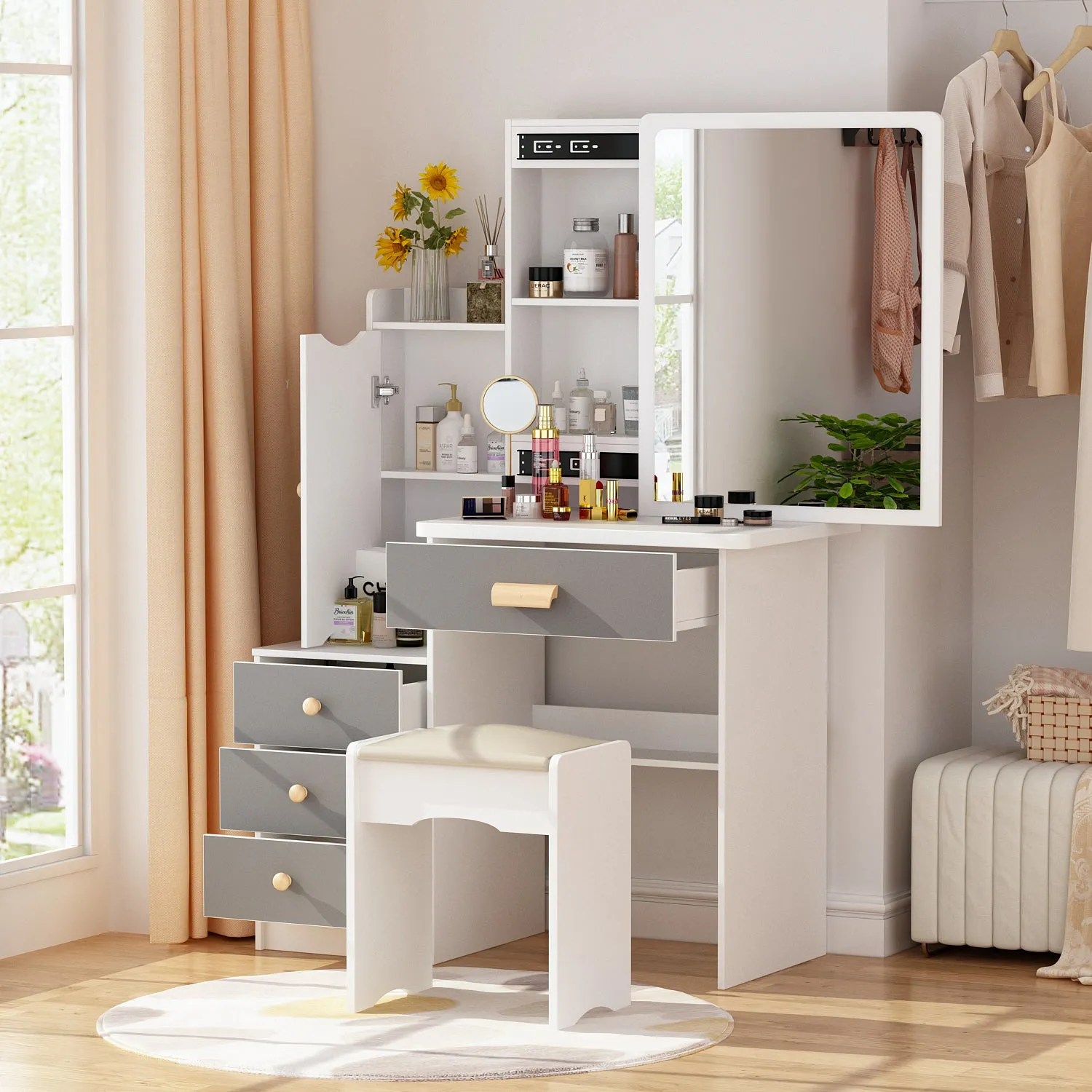 Vanity Set With Sliding Mirror, 4 Drawers, Shelves & Cushioned Stool
