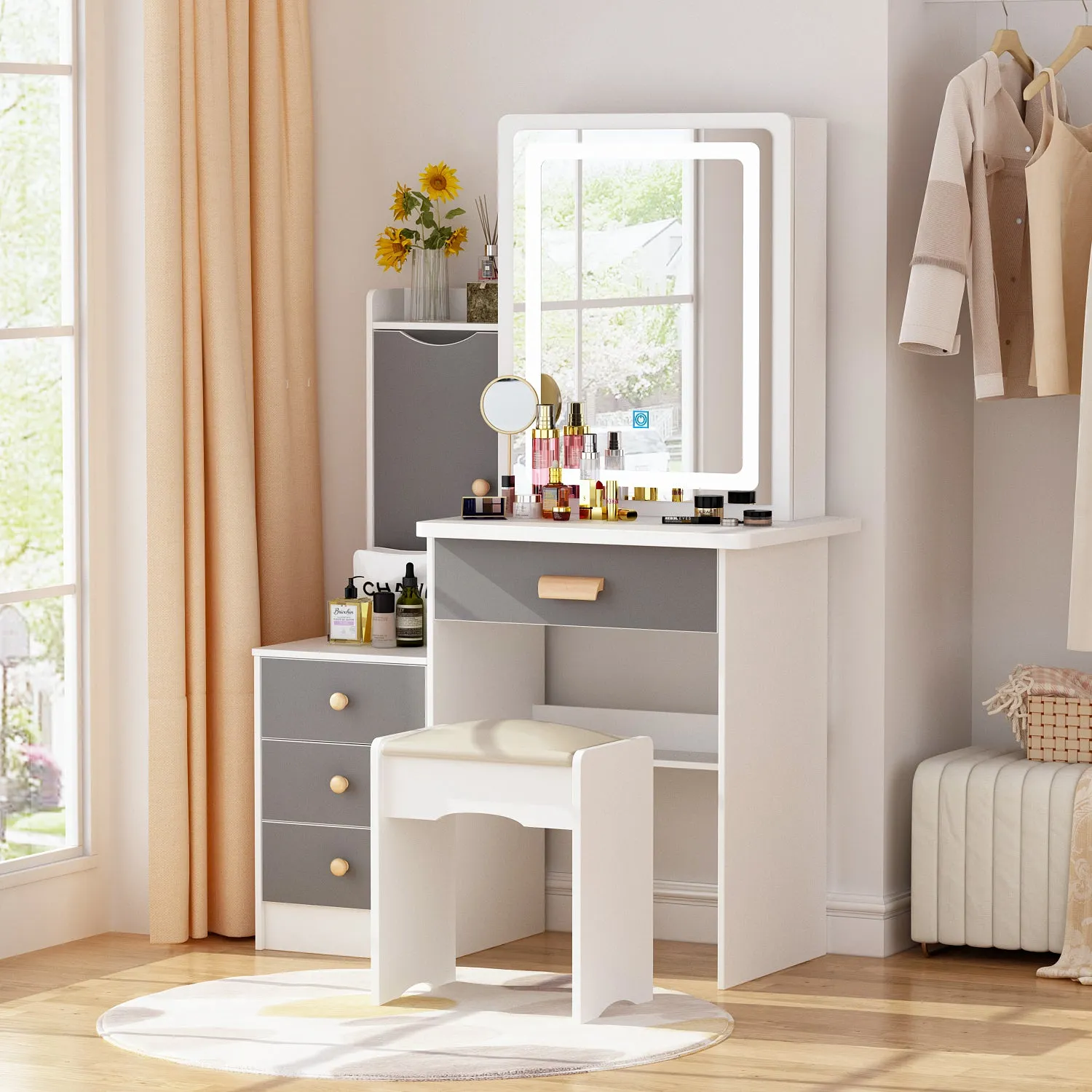 Vanity Set With Sliding Mirror, 4 Drawers, Shelves & Cushioned Stool